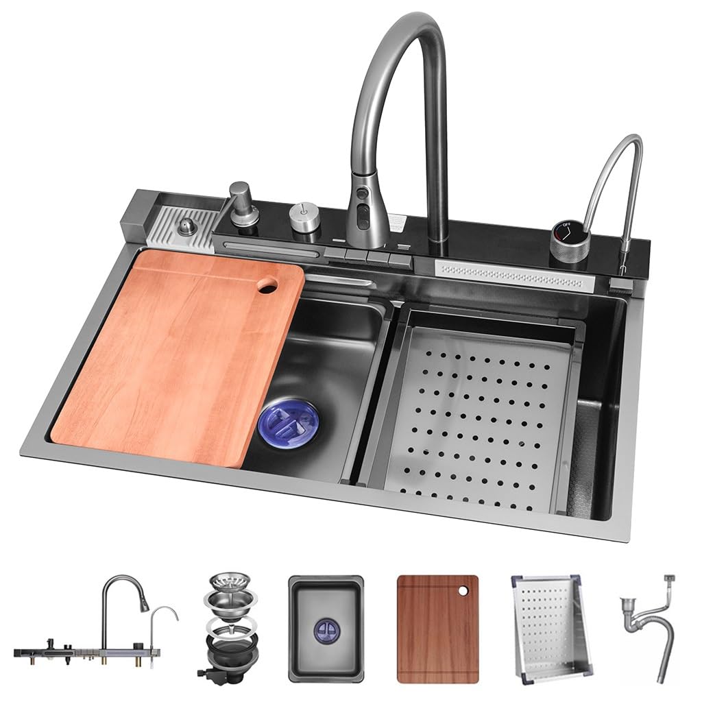 ZQFHSX Stainless Steel Single Bowl Kitchen Workstation Sink Multifunctional Bar Waterfall Pull-Down Faucet And Complete Accessory Set