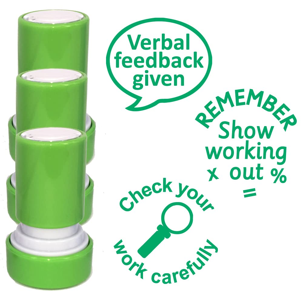 Verbal Feedback, Check Your Work Carefully, Show Your Working Out. Teacher Stamps. 3 Stamp Set, 22mm, Self-Inking, Reinkable*