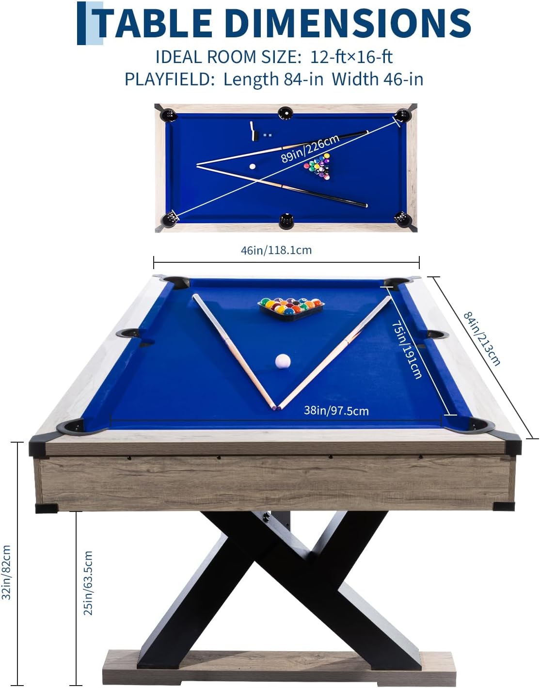 7 foot pool table set, includes billiard balls, 2 cue sticks, 2 chalks, cleaning brush, modern billiards table with k-leg, black cloth, rustic grey for game room, rrec room, basements, 84" l x 46" w