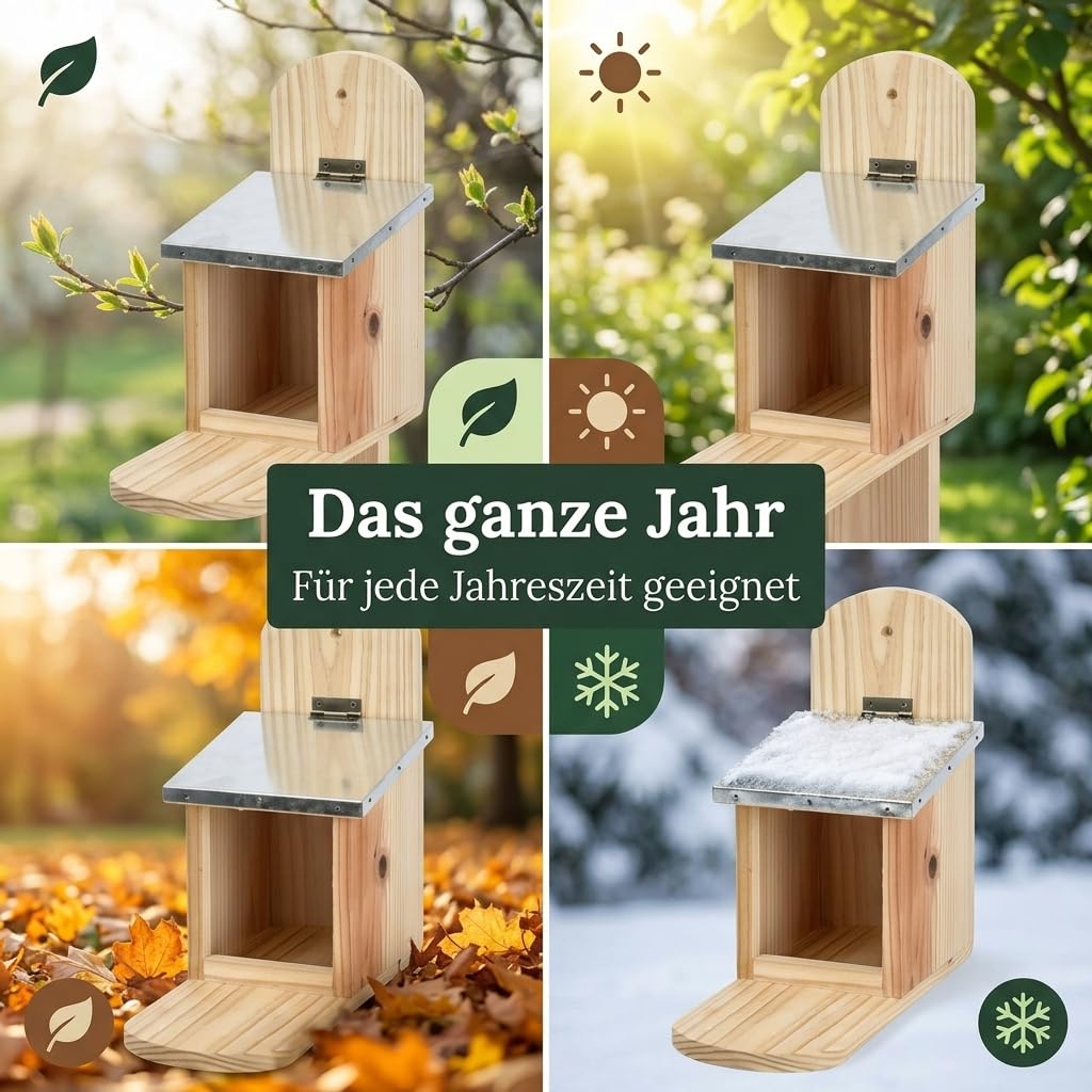 MIJOMA Mangiatoia per scoiattolo in legno di abete – Resistente alle intemperie con coperchio ribaltabile in metallo – Ciotola in legno – Dimensioni circa 12 x 25 x 28 cm – Casa per scoiattoli per