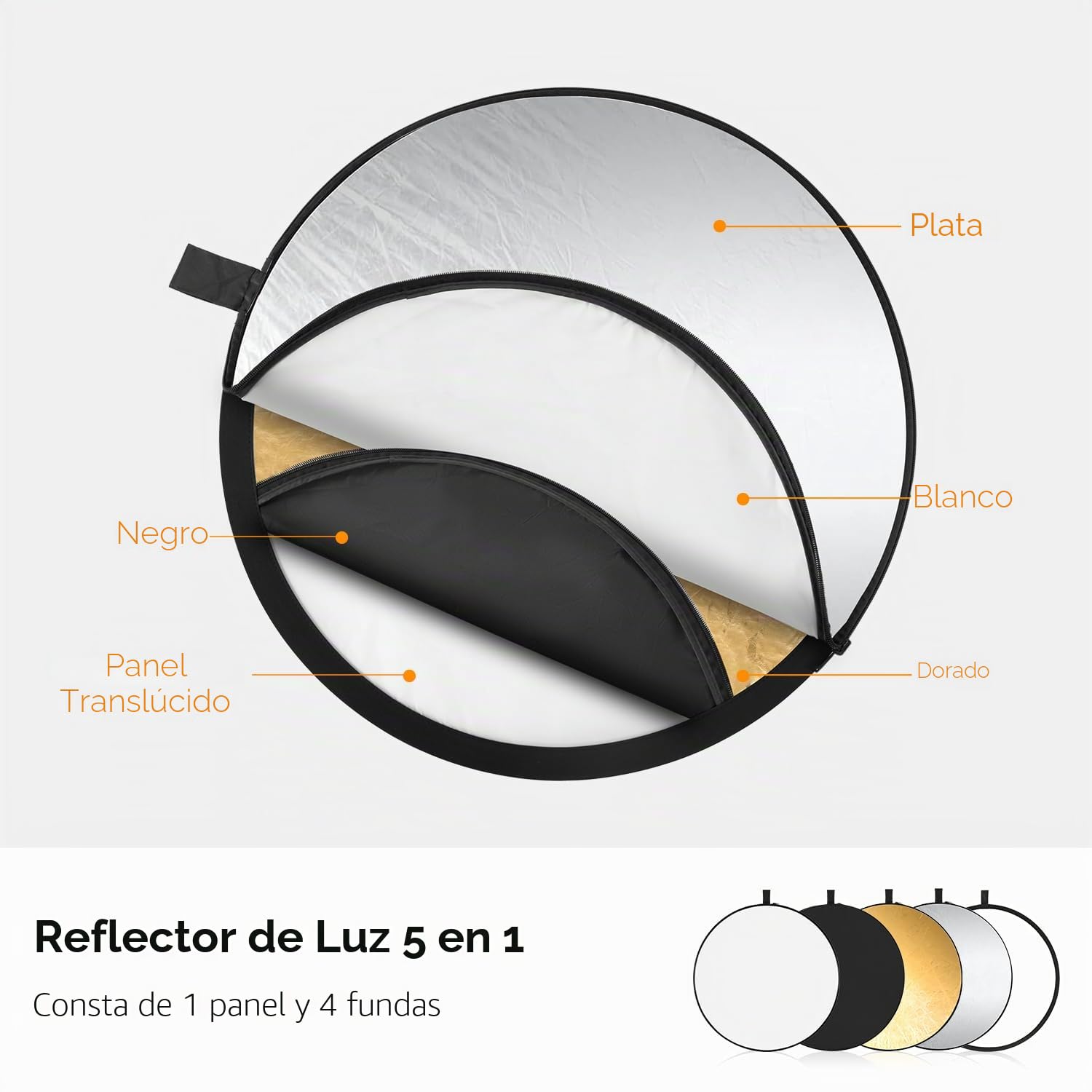 K&F CONCEPT Reflector de Luz 5 en 1 Difusor de Fotografía de 32"(80cm) Colapsable Portátil para Iluminación de Estudio y Exterior Oro Plata Blanco Negro Translúcido