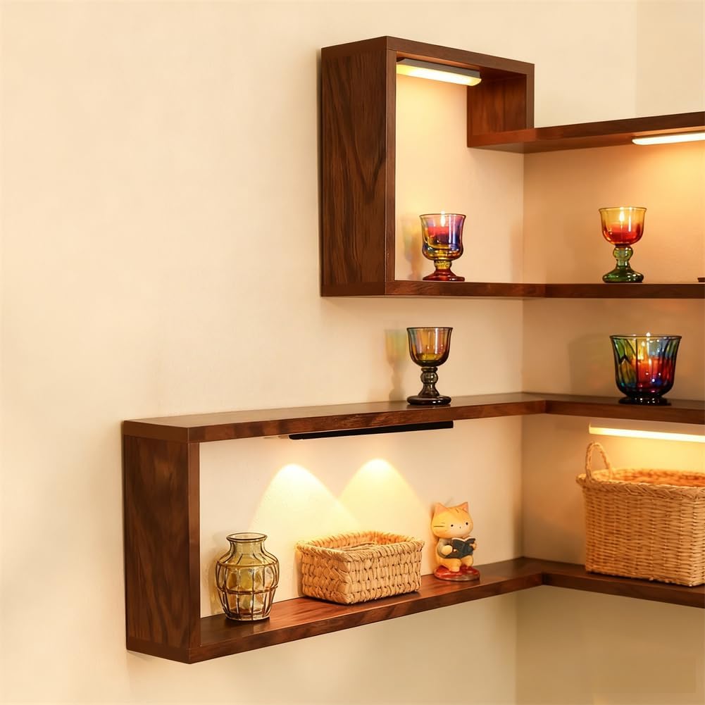 Smart Corner Shelves That Light up Your Space, Smart Corner Shelf with Light, Wooden Corner Wall Shelf-Turn Empty Corners into a Modern Design Statement (2, Walnut Wood)