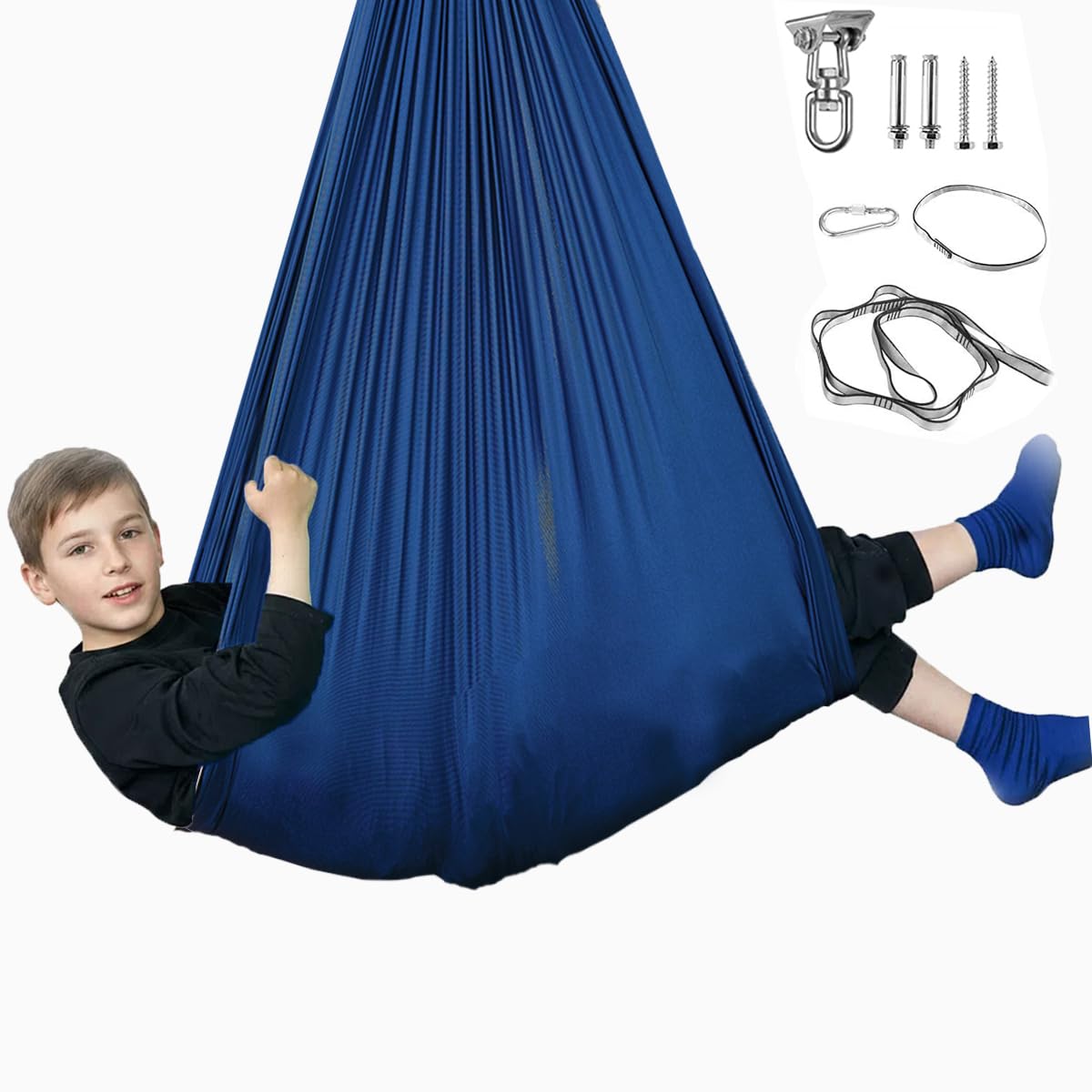 Sensory Swing for Kids &amp; Adults, Indoor Kids Swing Hammock with 360° Swivel Hanger Kit for Autism, ADHD, SPD, Snuggle Swing Holds up to 300lbs has a Calming Effect on Children with Sensory Needs（Navy）