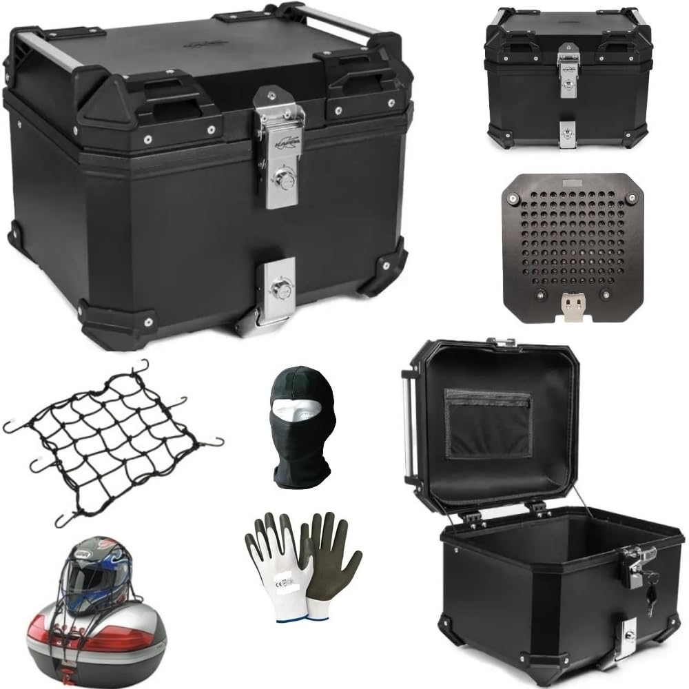 Baúl para moto scooter K4500 Adventure de 45 litros, de plástico negro, 42 x 33 x 33 cm, efecto aluminio, placa + red interior extraíble