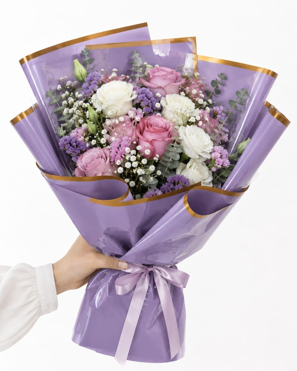 Purple Flower Bouquet Wrapping Paper Sheets with Golden Border, Waterproof, for Gift Packing & Floral Arrangements, 10 Sheets-image-42