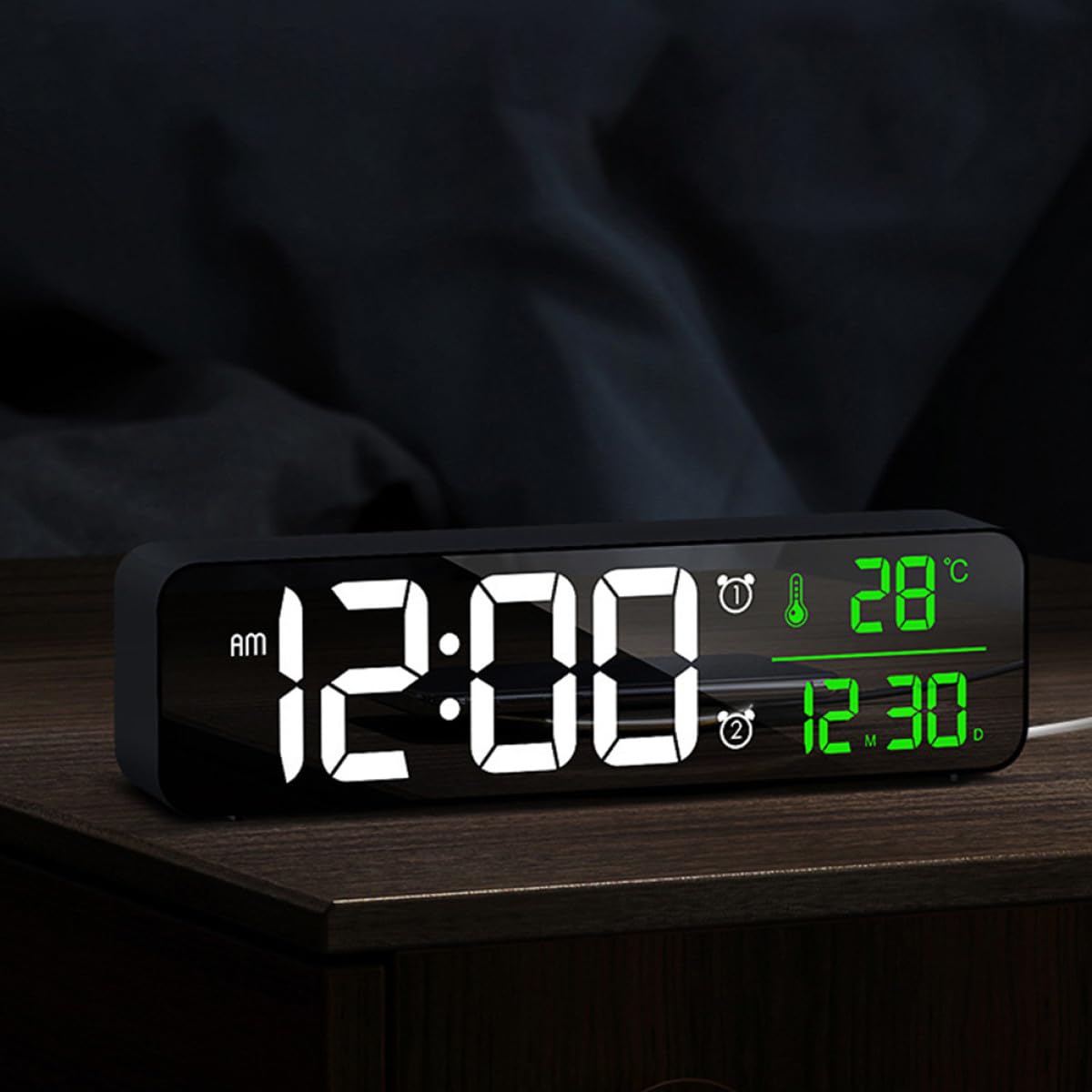 Reloj Despertador Digital LED Blanco 5 Niveles de Brillo Ajustable y 40 Melodías Clásicas para Decoración del Hogar y Uso Enchufable