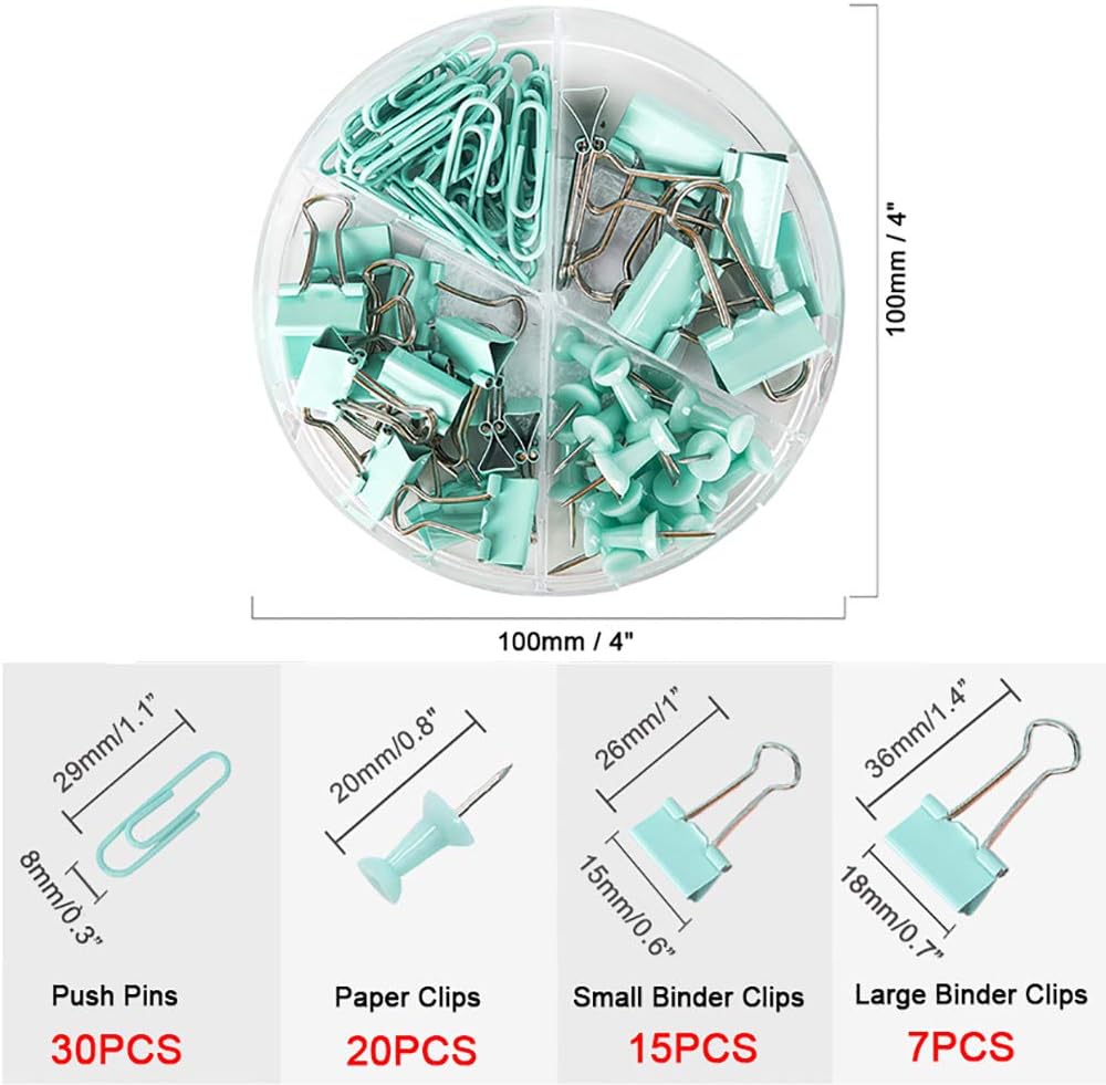 Paper Clips Binder Clips Push Pins Sets with Acrylic Box for Office Supplies, School Accessories and Home Supplies (Green)