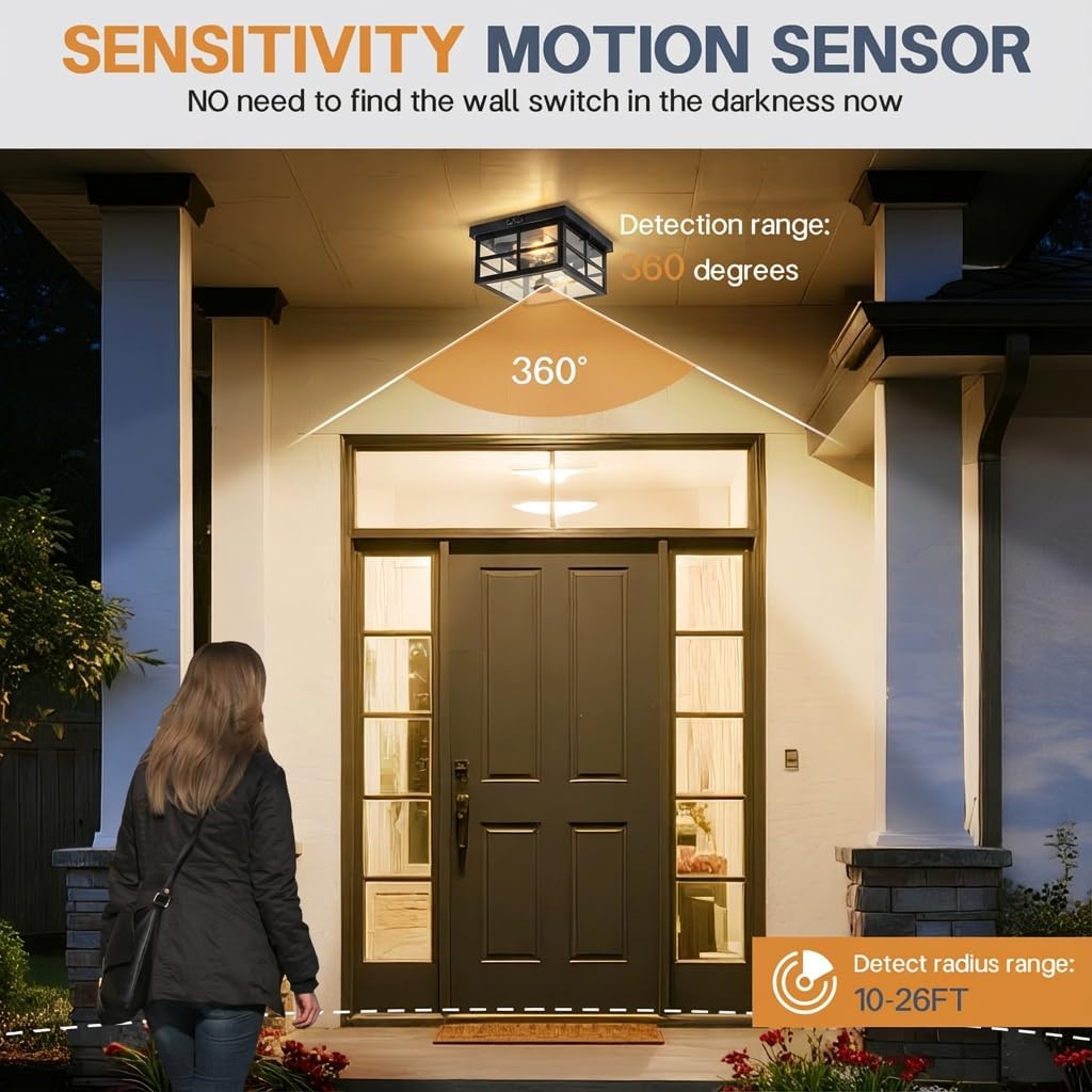 Outdoor Ceiling Light with Motion Sensor,2-Light Outdoor Ceiling Lights for Porch Flush Mount Motion Sensor,Dusk to Dawn Outdoor Light Fixture Ceiling Mount with Clear Glass for Porch,Garage