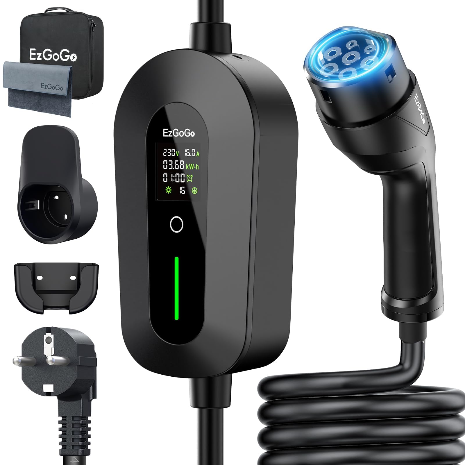 EzGoGo Typ 2 Ladekabel Schuko 3,68 kW, 10 m, 1-phasig, 6-16 A, EV Charger mit einstellbarem LCD-Display & IP65-Schutz, tragbares Ladegerät für alle Elektroautos und PHEVs nach Norm IEC 62196-2