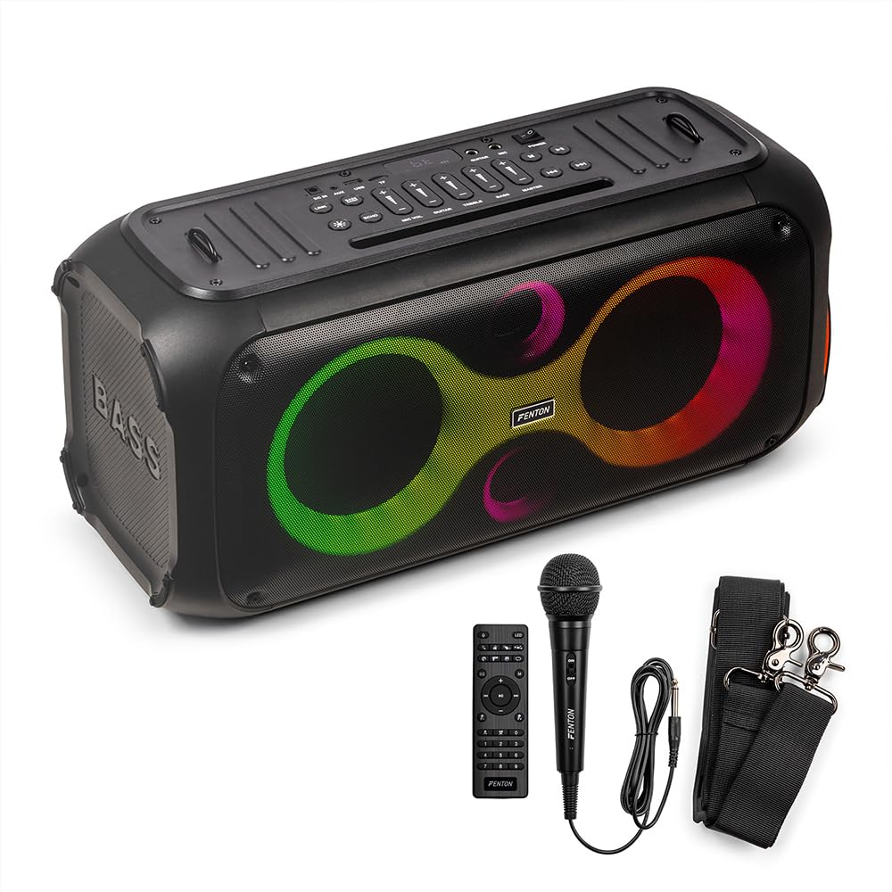 Fenton Core120 - Scatola musicale Bluetooth grande, 180 W, batteria 12 ore, microfono karaoke, BT 5.3, cinghia a tracolla, telecomando, scatola Bluetooth, per feste e feste, per la musica, portatile