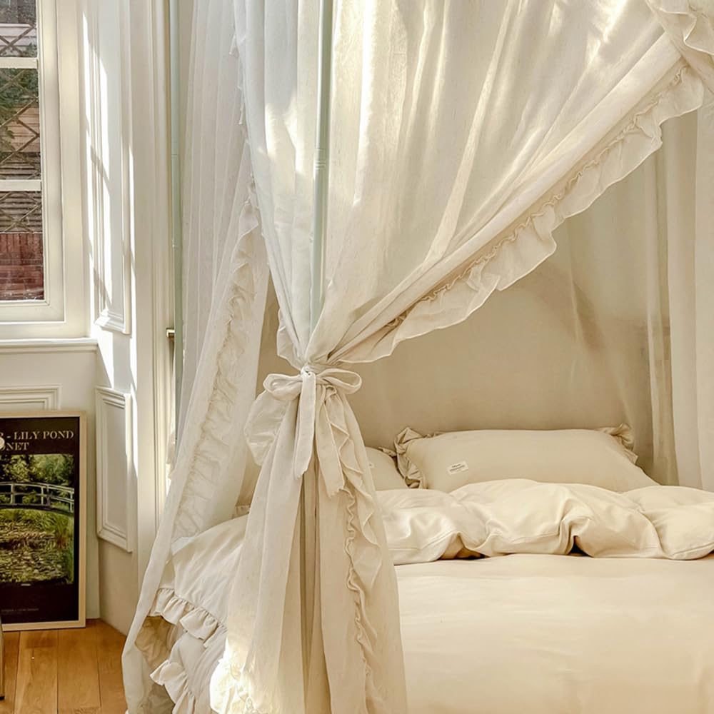 Mengersi Betthimmel-Vorhänge, Leinen-Betthimmel-Vorhänge, 4 Eck-Bettvorhänge, Baldachin-Vorhänge für Schlafzimmer-Dekor (Elfenbein, voll)