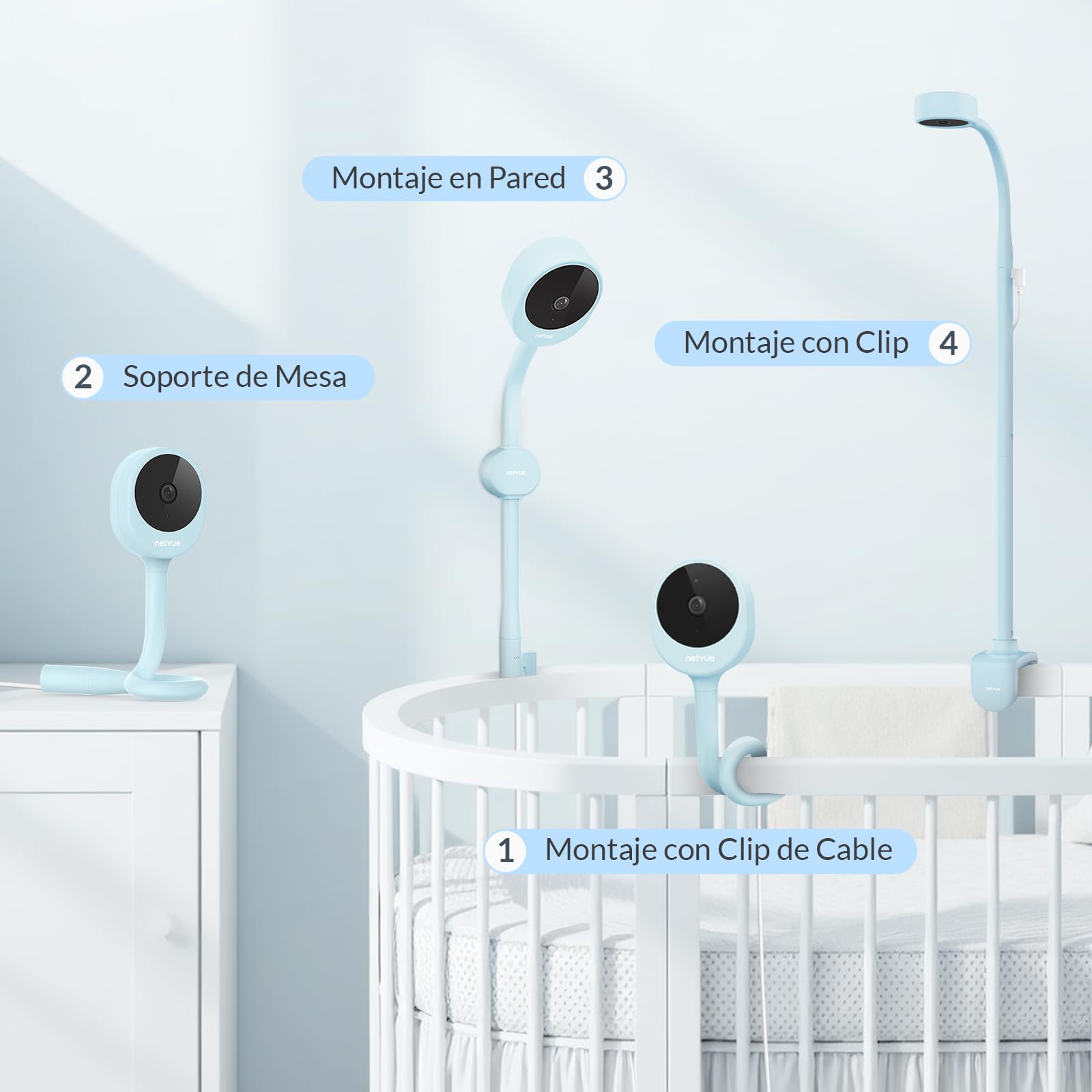 NETVUE Camara Vigilancia Bebe con Soporte 4 en 1, Azul 5000mAh Inalámbrico 5" Vigilabebes con Camara, 1080P Baby Monitor con Visión Nocturna, Audio Bidireccional, VOX, Detección de llanto y movimiento