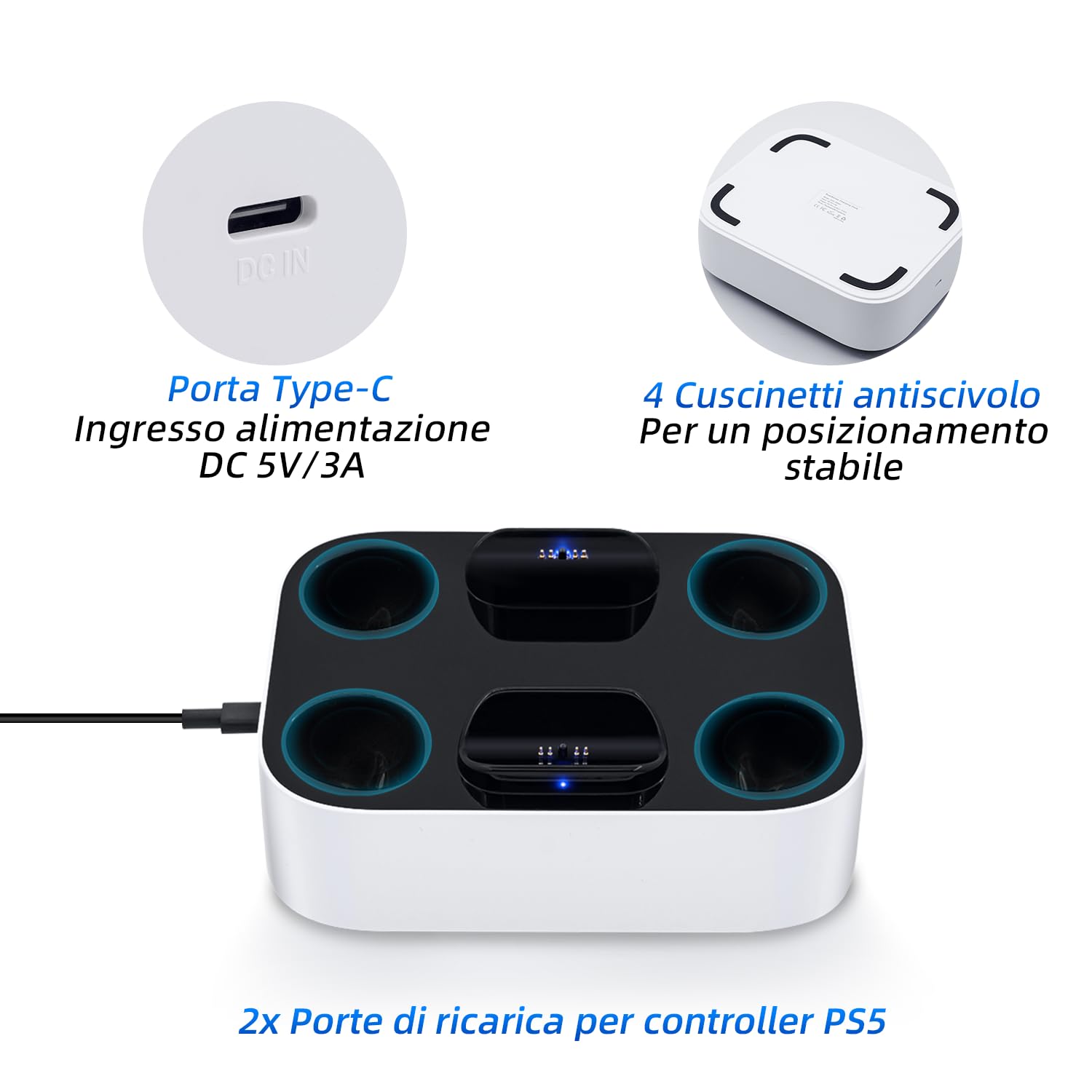 Caricatore Joystick per PS5, Docking Station di Base Ricarica per Accessori per Playstation 5 DualSense Controller con Indicatori Luminosi a LED/Carica Rapida/Protezione da Cortocircuito