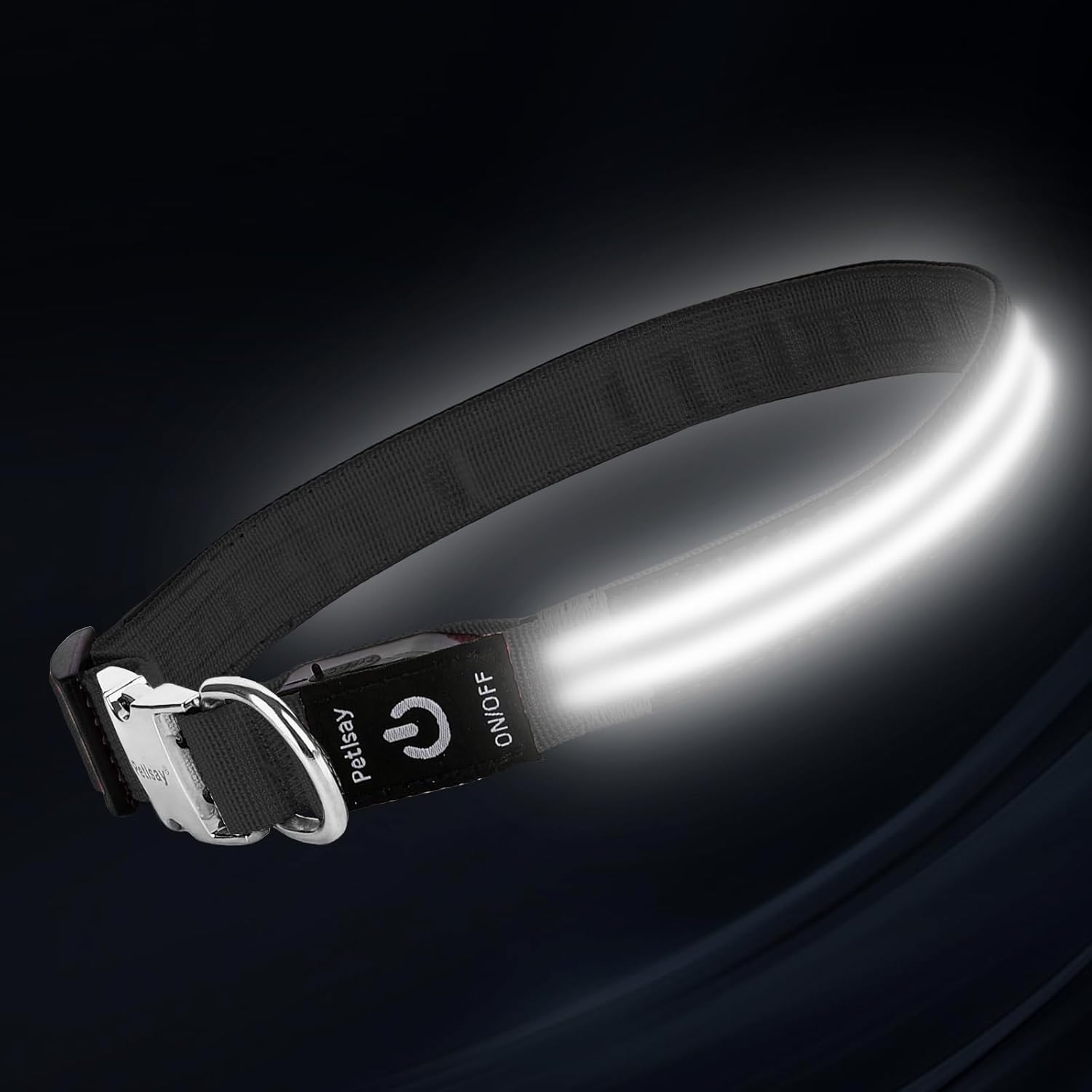 NOT TESTED LED Dog Collar with Metal Buckle - USB Rechargeable Glow Collar for Dogs, Waterproof Light Up Dog Collar w/Reflective Strips - Adjustable Night Safety Collars by PetIsay(White,Large) Large (18½ \" - 23½ \") White(Fiber optic version)