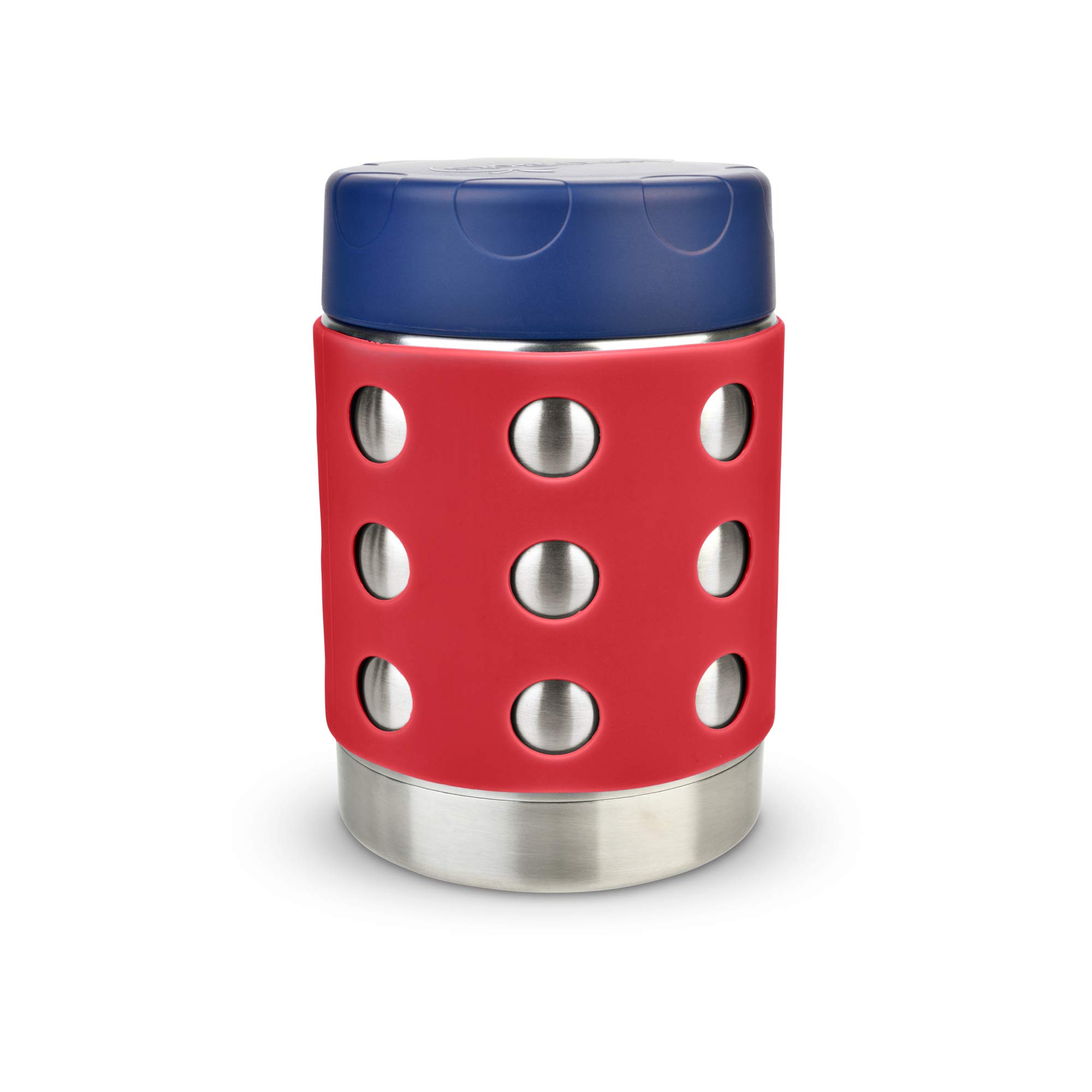 LunchBots Thermal 12 oz Triple Insulated Food Container - Hot 6 Hours or Cold 12 Hours - Leak Proof Thermos Soup Jar - All Stainless Interior - Navy Lid - Red Dots