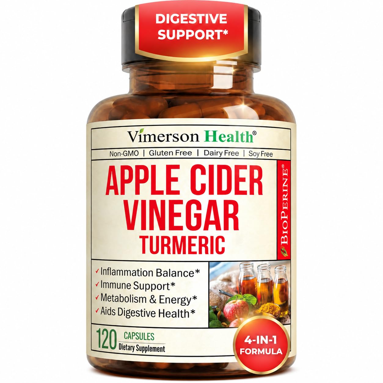 Apple Cider Vinegar Capsules with Turmeric, Ginger & BioPerine 120 Capsules 120 Count (Pack of 1)