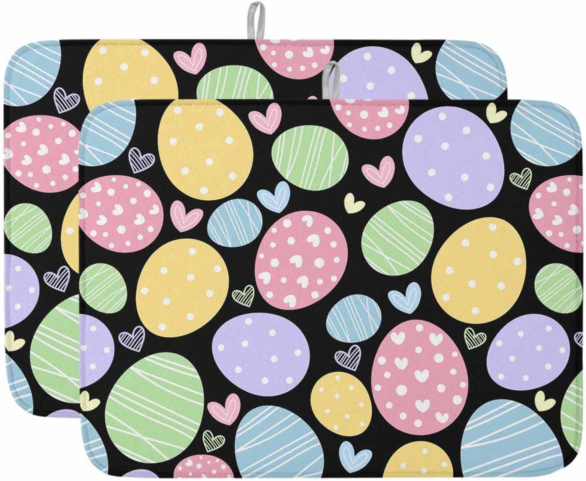 Dish Drying Mat 18 x 24 Inch, Easter Eggs Absorbent Microfiber Coffee Mats for Kitchen Cute Colorful Farmhouse Love Black Quick Drying Dish Drainer Pad 2 Pack