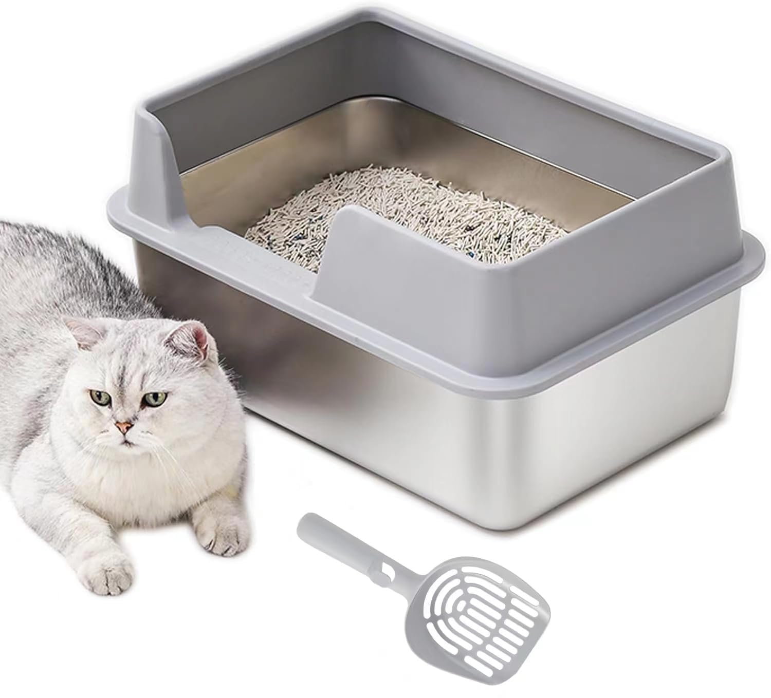 CENXI Cat Litter Box, Stainless Steel with Lid, Large Covered Litter Box for Cats, Metal Litter Pan Tray with High Wall Sides Enclosure, Anti-Leakage, Non-Sticky