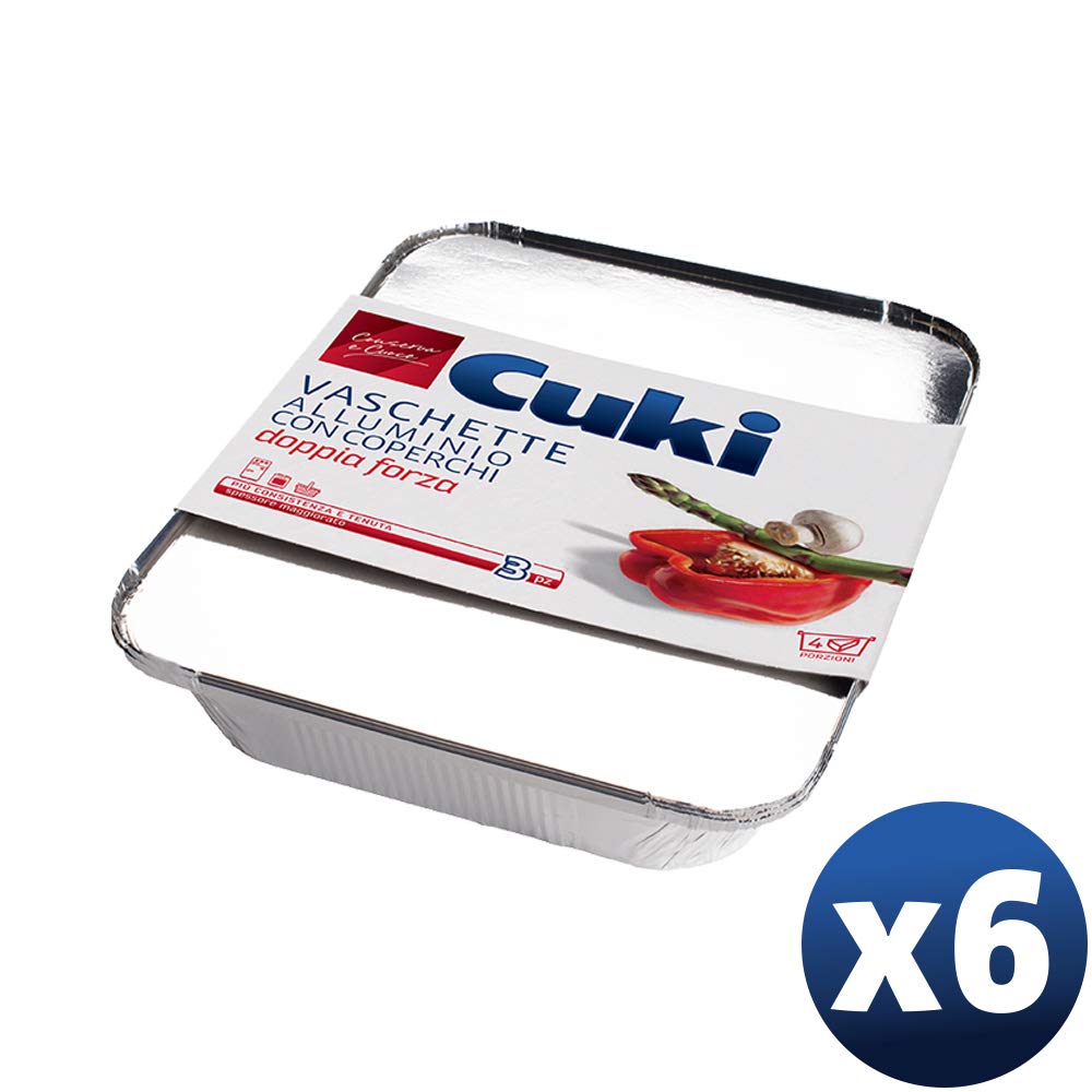 Cuki Vaschette Alluminio con Coperchi - Doppia Forza - 4 Porzioni - Rettangolari [R75L] - 6 Confezioni da 3 Pezzi