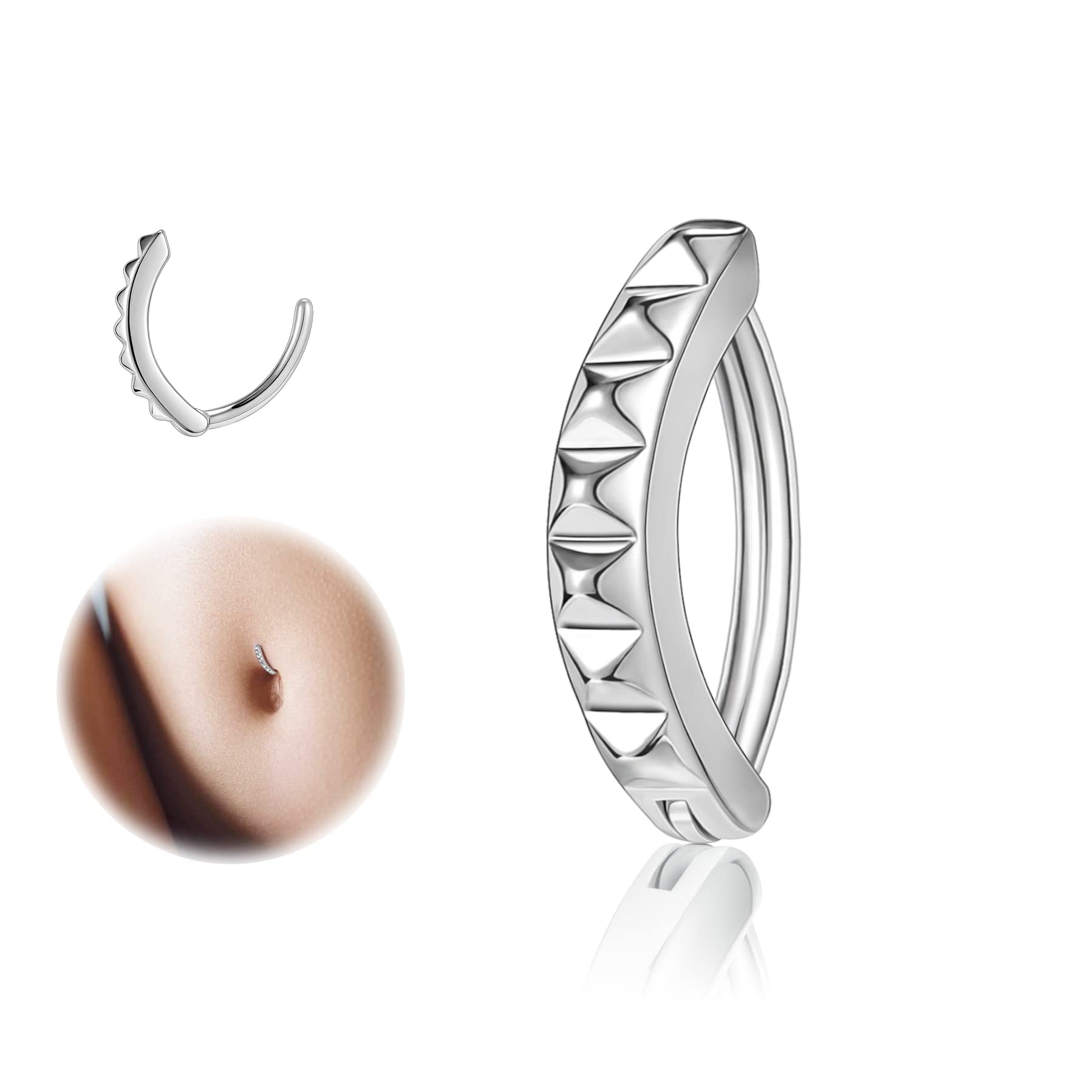 ZS Piercing para ombligo de plata de ley 925 con diamantes de imitación de 14 g para mujer, con remache curvo inverso, joyería corporal, Plata de ley