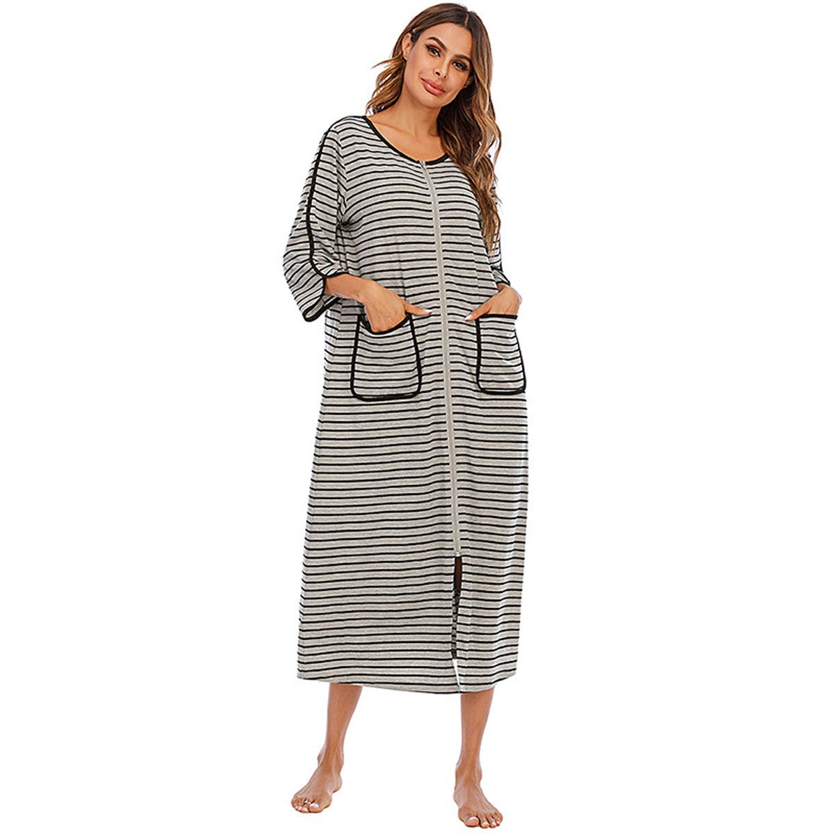 Verve Jelly Women's Grey Zipper Robe Striped Nightgown Long House Coat With Pockets Lightweight