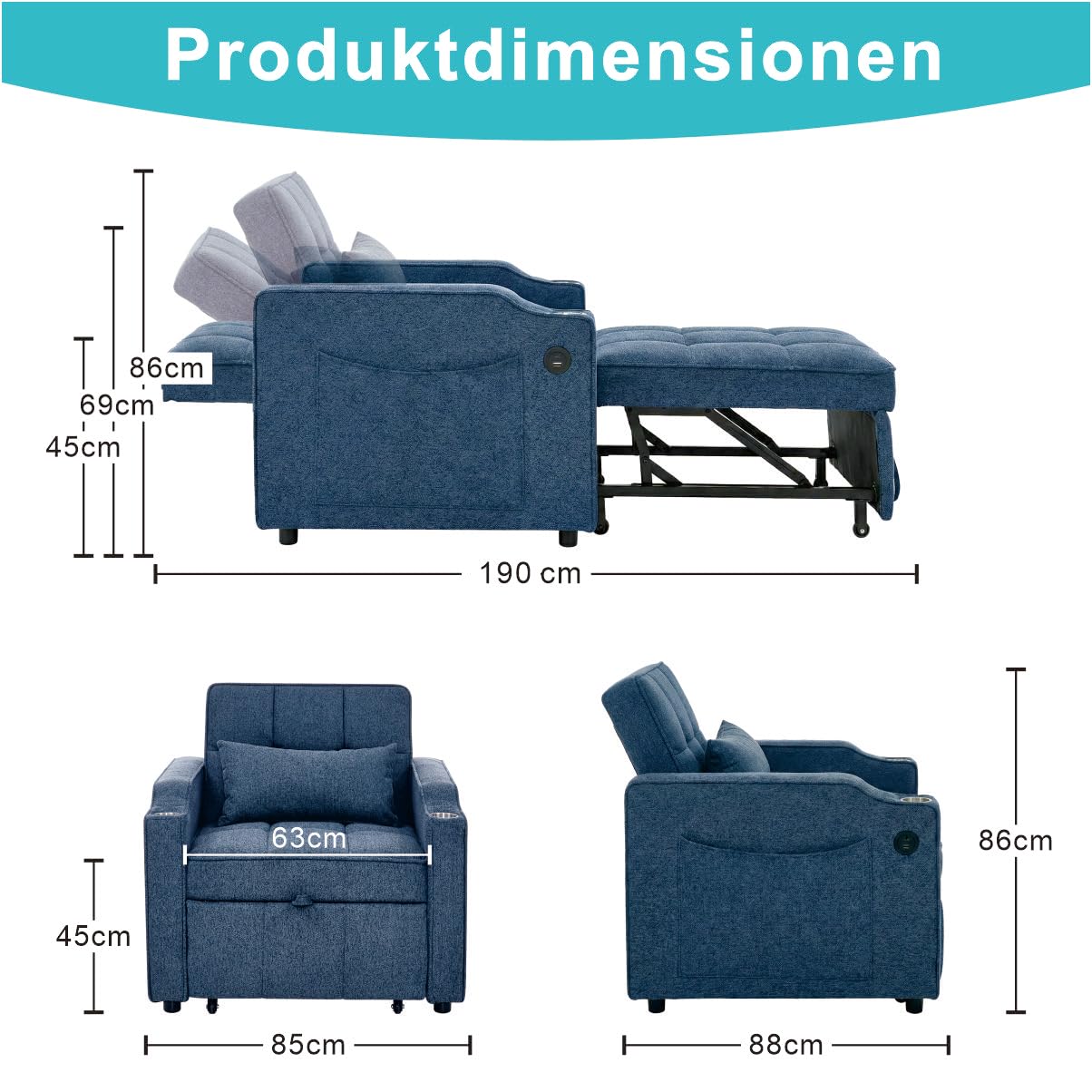 Generisch 3-in-1 Schlafsessel Marineblau 190cm Liegefläche mit USB/Type-C Anschluss, Edelstahl-Getränkehalter, 3-stufig Verstellbarer Rückenlehne, Seitentaschen, Schlafsofa für kleine Räume & Gäste