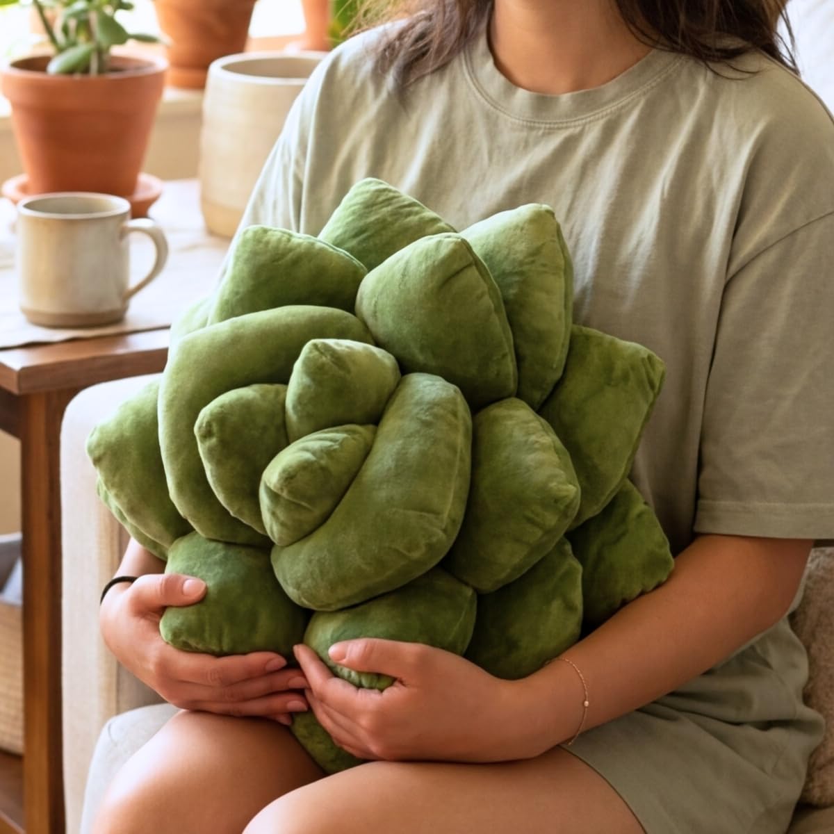 Green Philosophy Co. Cuscino per piante grasse a forma di cactus per gli amanti del verde o del giardino, forma 3D per creare il tuo terrario a grandezza naturale - verde oliva