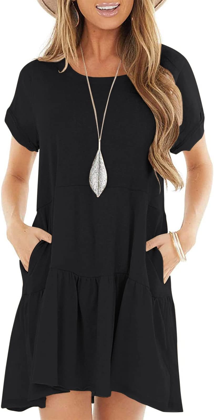 YIBOCK Women's Summer Short Sleeve Crew Neck T Shirt Dress Casual Loose Swing Dress with Pocket