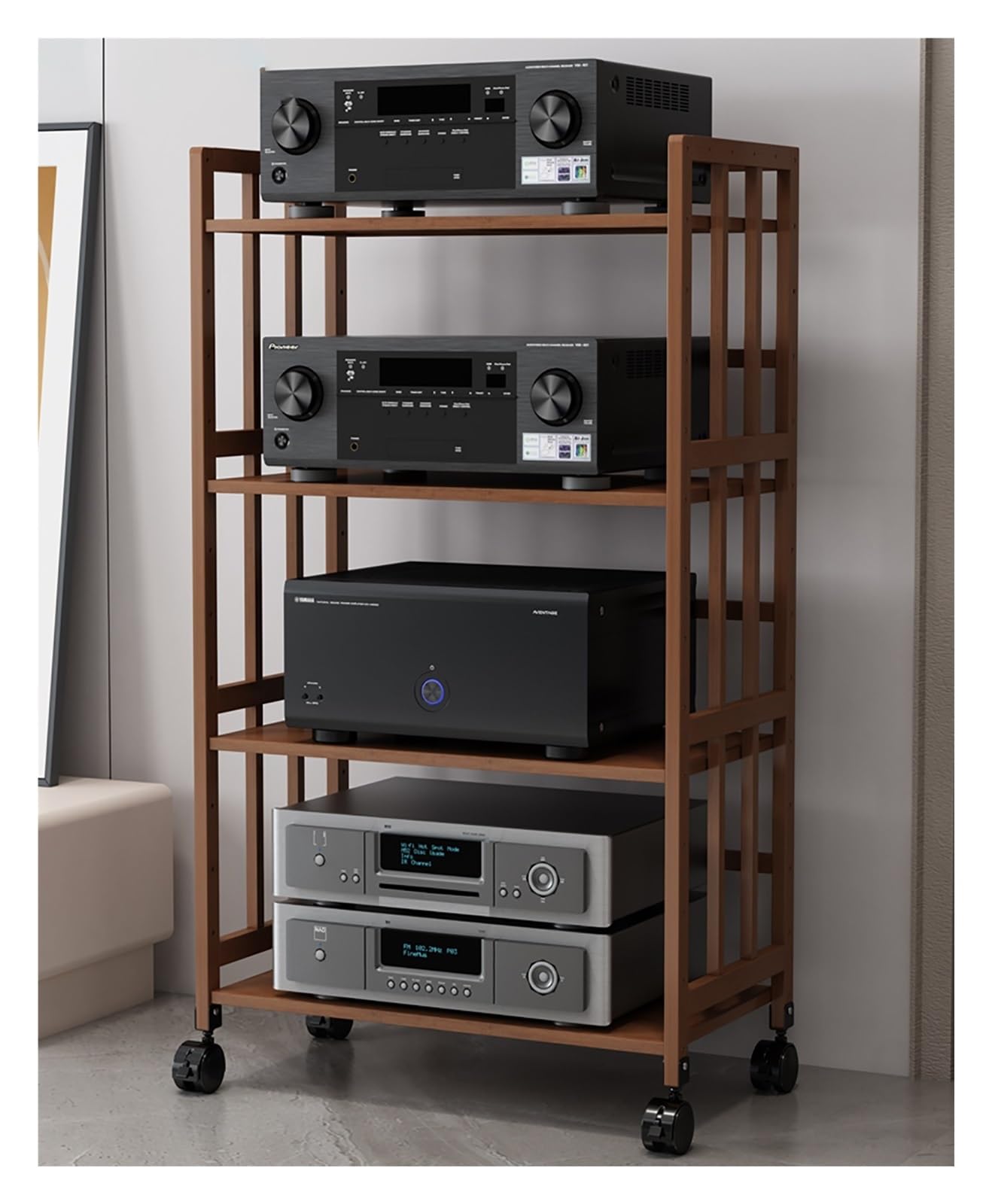 LZMZMQ Home Stereo Racks and Stands on Wheels, Mobile Bamboo Audio Amplifier Media Cabinet 2 3 4 5 Layer Adjustable Height, Living Room/Bedroom/Farmhouse Standing AV Media Shelf(Brown,L 80cm/H 4Tier)