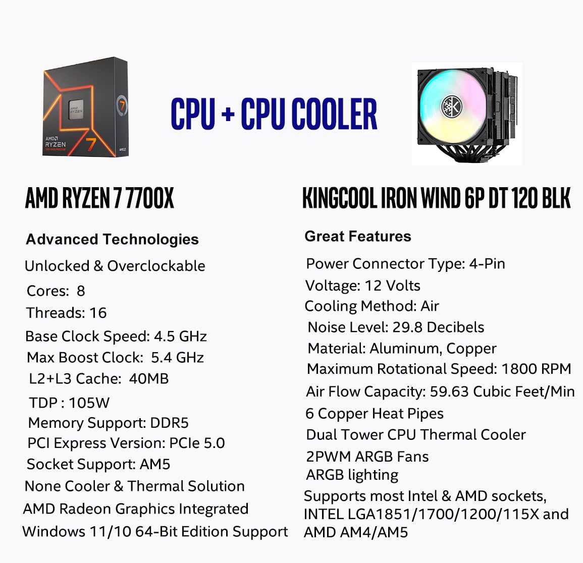 MICRO CENTER CPU Air Coolor Combo - AMD Ryzen 7 7700X CPU Processor with KINGCOOL Iron Wind 120mm ARGB CPU Air Cooler