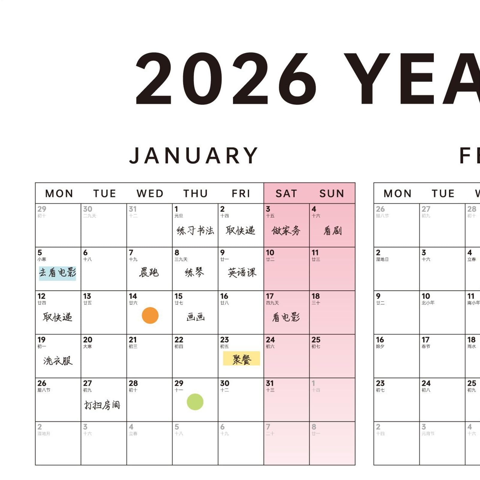 Calendario De Pared 2026,Organizador Mensual de 12 Meses con Grandes | Casillas -Vista Mensual Y Semanal,Para Hogar Salón Dormitorio Oficina Aula Estudiantes Profesionales Freelancers Taller Estud