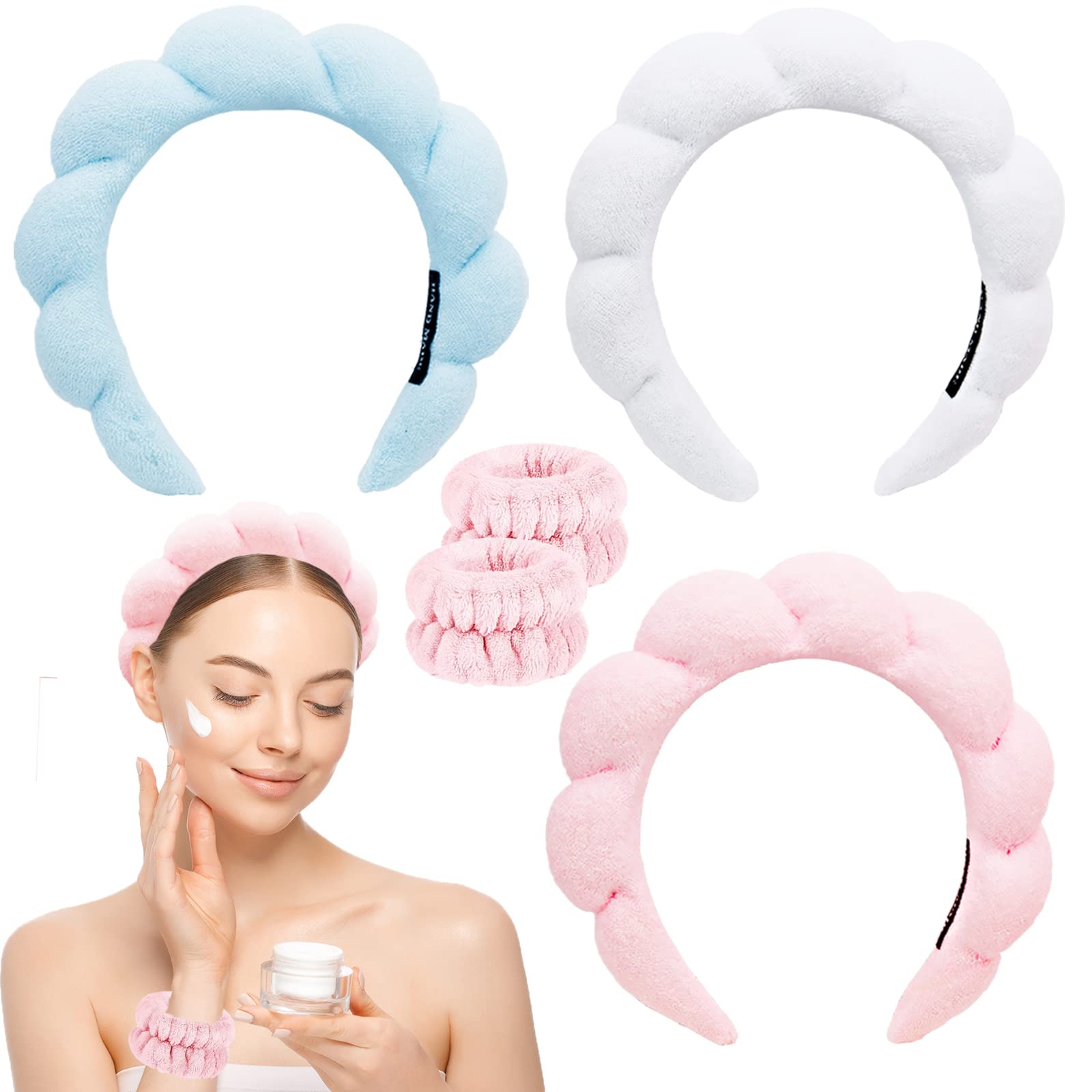 3Pcs Towel Wrapped Sponge Material Flower Petal Design Spa Headband 1Pair Wrist Wash Bands(Blue,Pink,White)