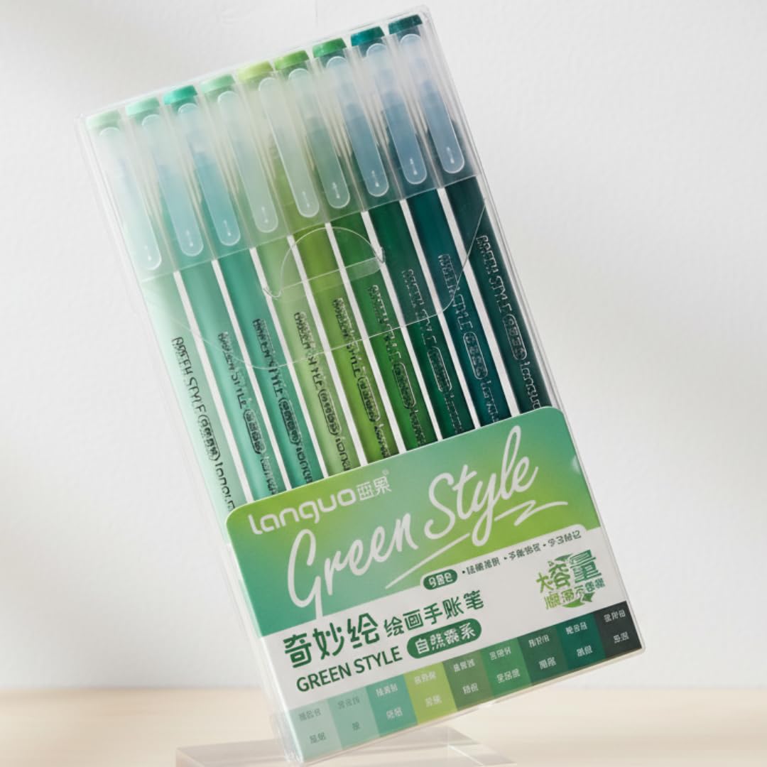 Mazo Moon Gel Pen Set – 0.5mm Medium Tip, Visible Ink Level, Large Capacity Coloured Pens for Journaling, DIY Cards & Office Use, 9 Pack with 18 Colours (Green)