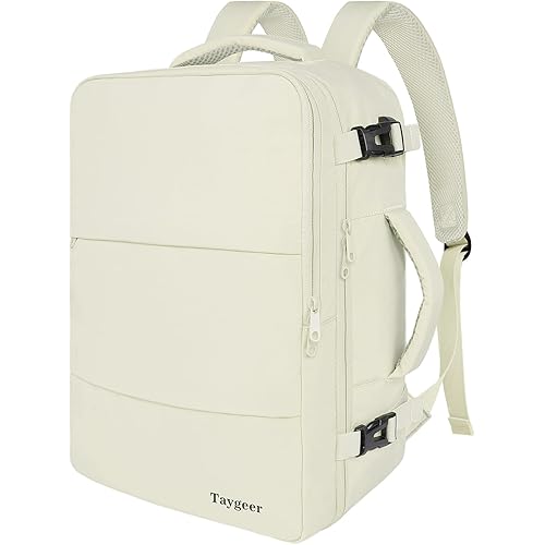 Taygeer Travel Backpack for Women, Carry On Backpack with USB Charging Port & Shoe Pouch, TSA 15.6" Laptop Back Pack Flight Approved, College Gym Bag Casual Daypack for Weekender Business Hiking,Beige