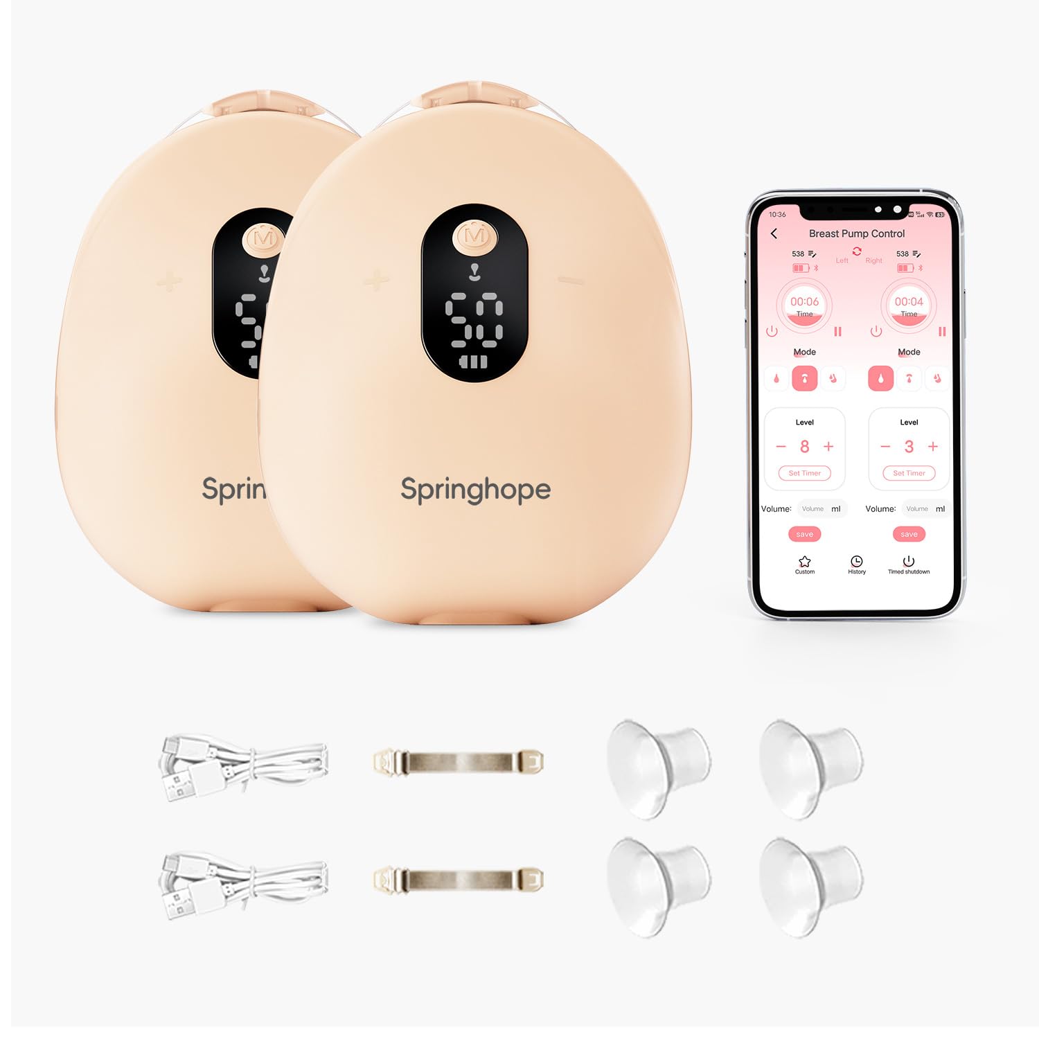 Springhope No.538 Wearable Breast Pump, 3 Modes 12 Levels with App Electric Breast Pump, Portable, Low Noise, Hands-Free, Nightlight Suitable for