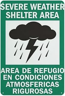 Severe Weather Shelter Area – Thunderstorm & Lightning Metal Tin Sign 8x12 Inch – Bilingual Safety Wall Decor Plaque, Emergency Shelter & Storm Warning Home or Office Wall Art