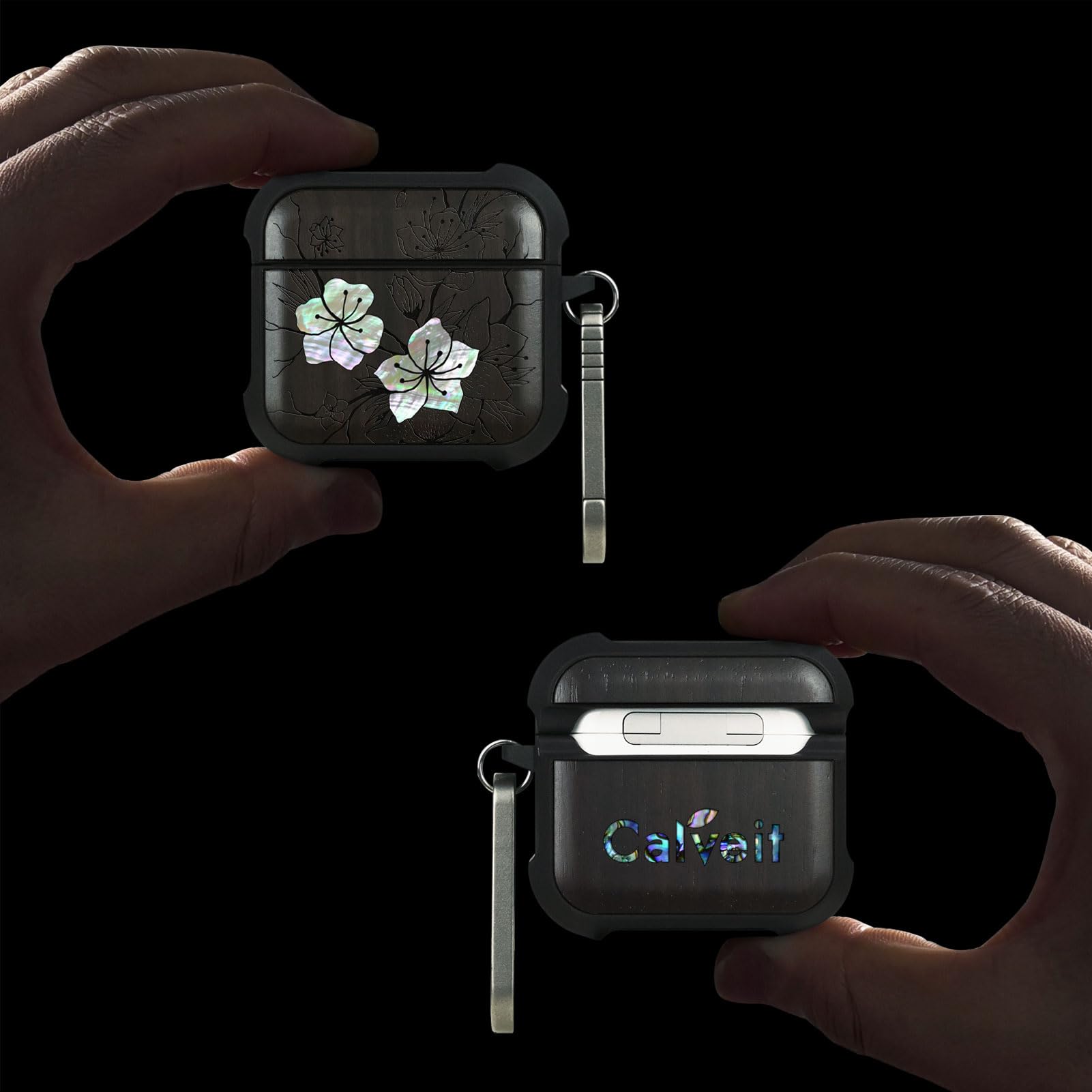 Carveit Odporne na uderzenia etui ochronne na słuchawki AirPods 4 Gen (2024), grawerunek drewna i muszla, kompatybilne z AirPods 4, tytanowe szybkie zapięcie (szepty kwiat Sakura), ciemne drewno