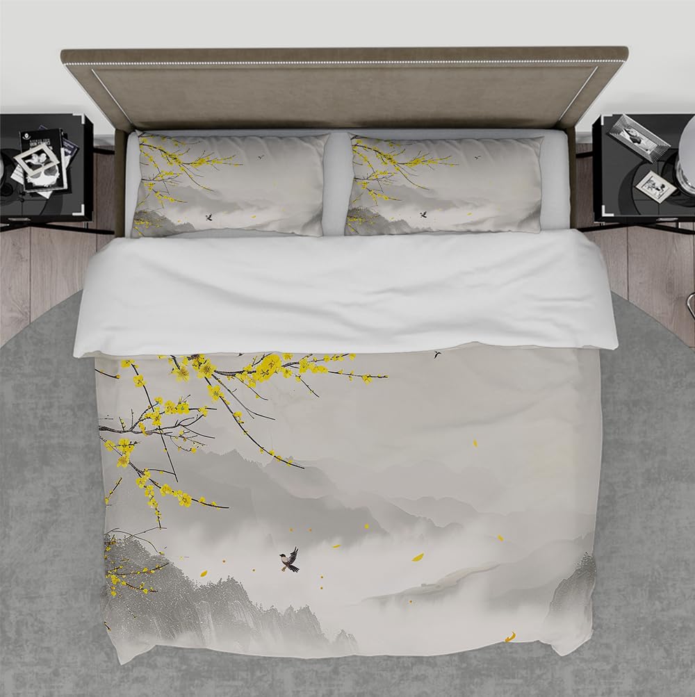 Housse de couette jaune à motif imprimé Misty Mountains haute définition