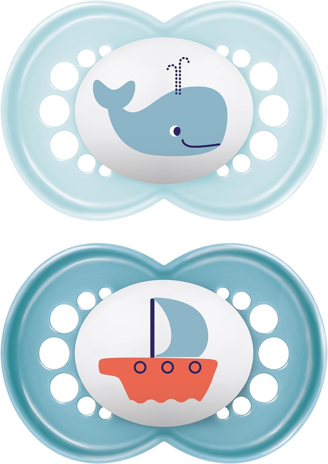 MAM Original Soothers | 18-36 Months | Pack of 2 | Comes in Dummy Steriliser Box | Sustainable Materials | Baby Accessories | Blue/Green (Various Designs)