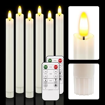 HL Flameless Taper Candles with Remote Timer,9.6 Inches Battery Operated candlesticks with Led Warm 3D Wick Flickering Light,Led Plastic Window Candles for Halloween Christmas Home Decor6Pcs