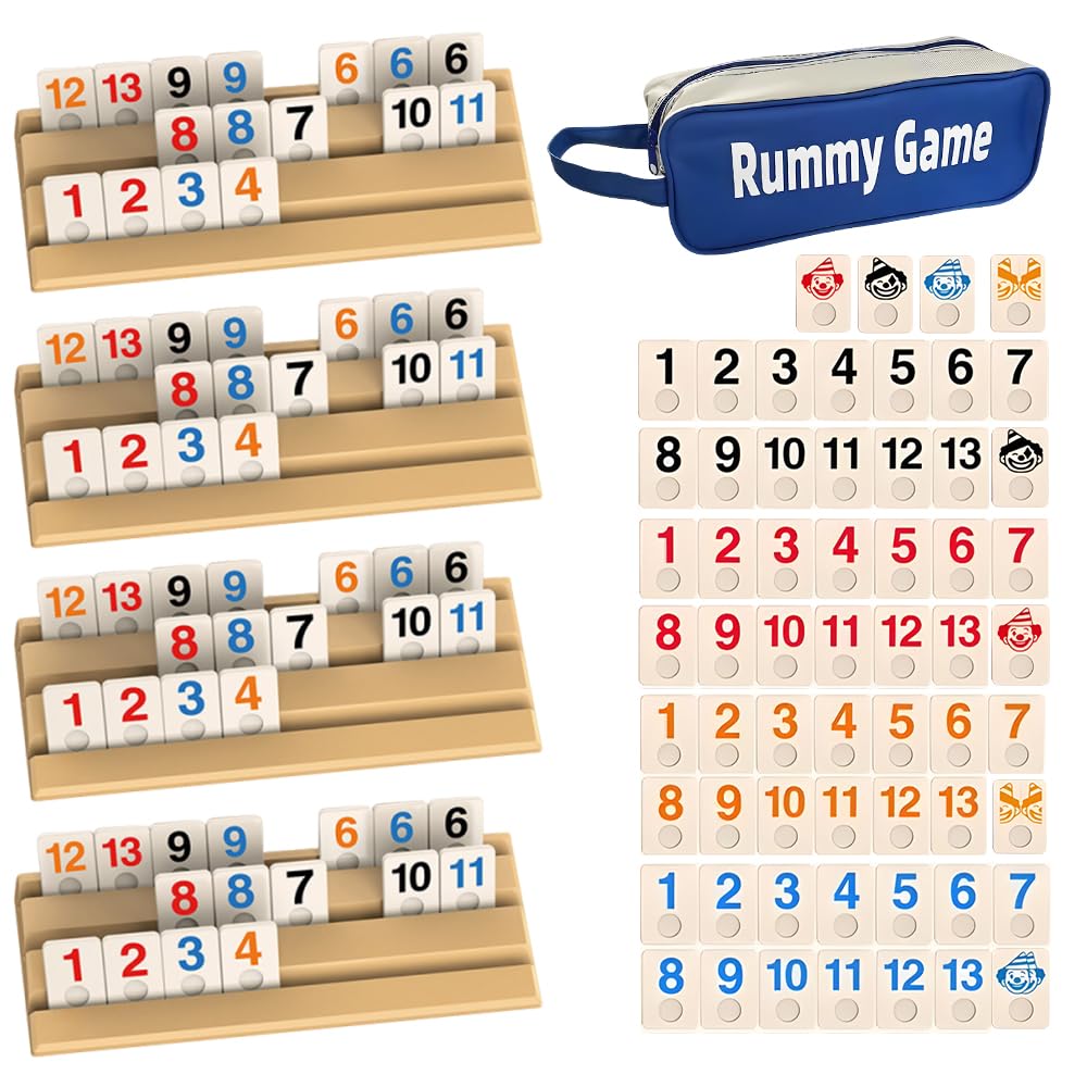 Rummy Jeu de Societe, Rami Jeux de Carte Coffret avec 1 Sac de Rangement, 4 Support, 112 Tuiles Robustes, Jeu de Rummy pour Les Joueurs