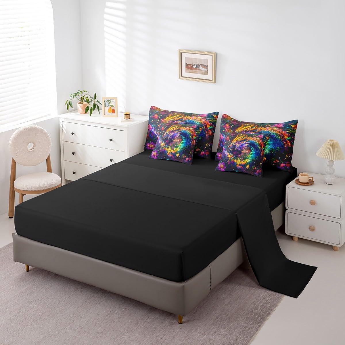 Feelyou Dragon Comforter Set with Sheets Twin Size Flower Dragon Bed in a Bag for Boys Girls Teens Wild Life 7 Pieces Bedding Set Dragon Decor Bed Set Room Decor Clorful