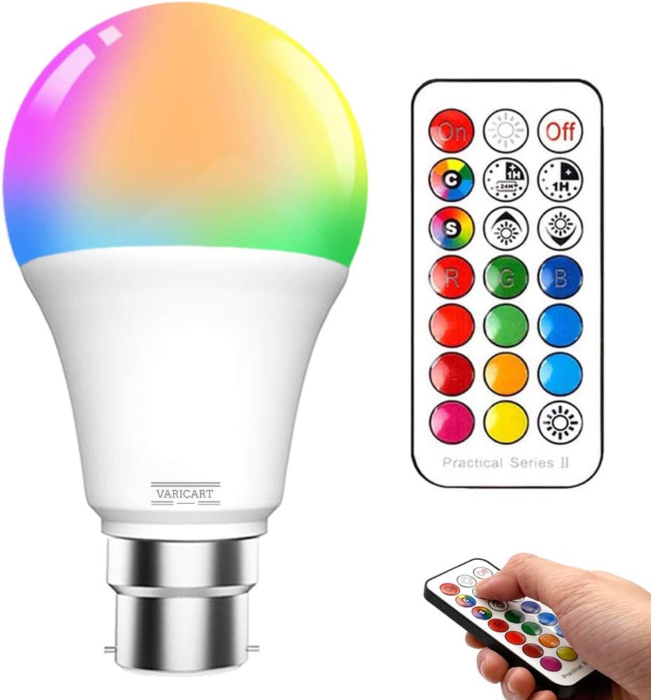 VARICART B22 10W Colour Changing Light Bulb Dimmable, LED Bulbs Bayonet with Remote, RGB + Cool White 6000K