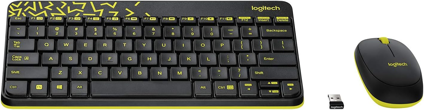 MK240 Nano Wireless USB Keyboard and Mouse Set, 12 Function Keys 2.4GHz Wireless, 1000DPI, Spill-Resistant Design, PC/Mac, Black/Chartreuse Yellow