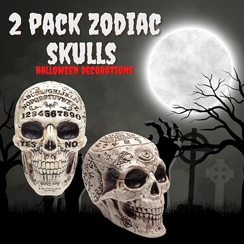 Miniatura 2 de Tabla de calaveras del zodiaco y el espíritu de Halloween, paquete de 2, escultura de esqueleto de cabeza humana de 7 x 6.5 pulgadas, decoración de