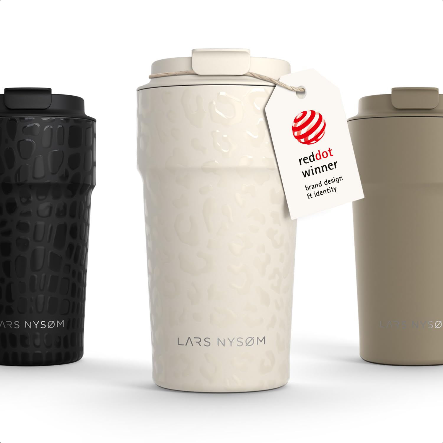 LARS NYSØM Thermo Coffee Mug-to-go 17oz | Travel Mug 0.5 L with Insulation | Silicone Grip Base | Leak Proof Stainless Steel Tumbler for Coffee and Tea on the Go (Beige, 500ml)