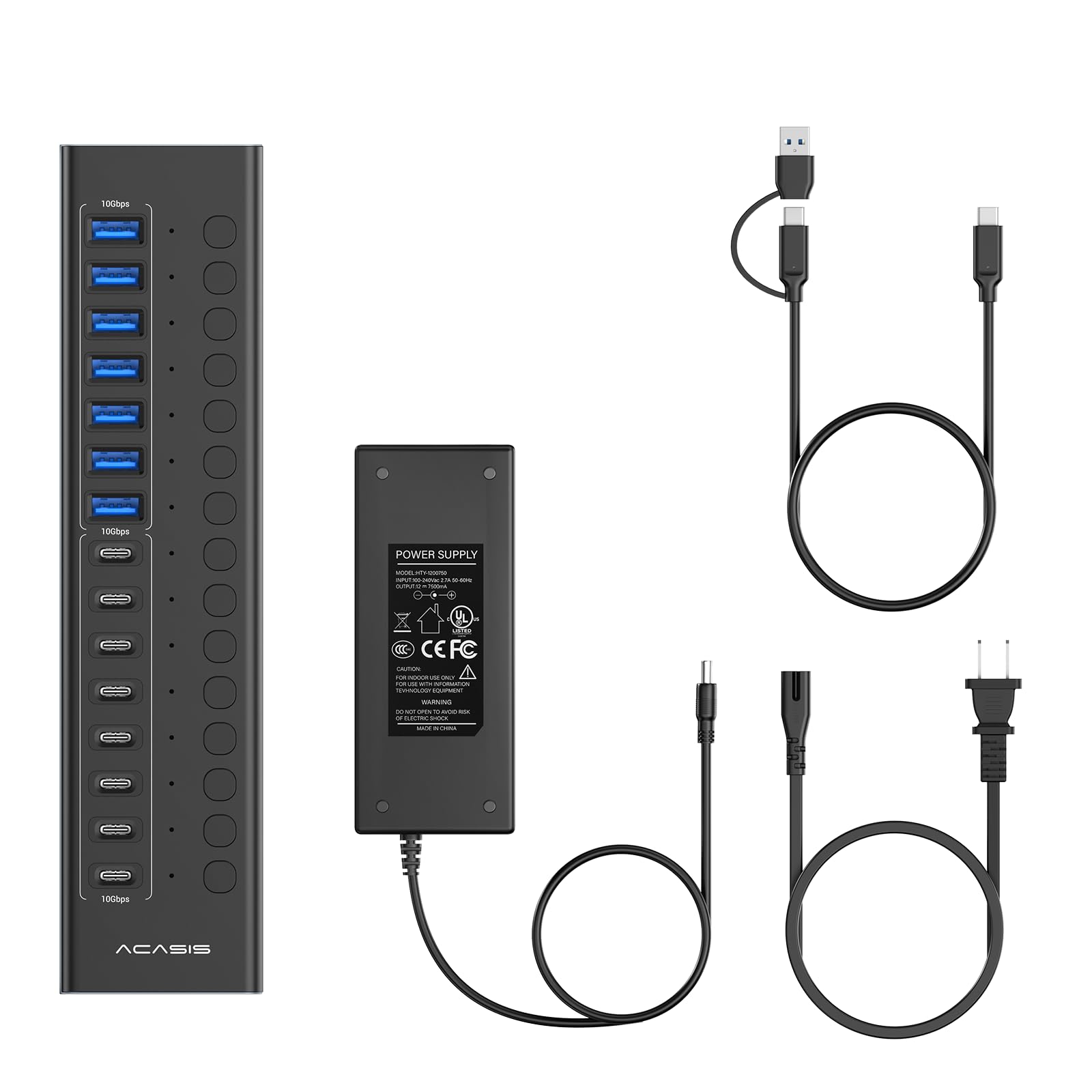ACASIS Hub USB C 3.2 Alimentato 16 Porte 10Gbps 8 USB-A + 8 USB-C,96W | Alimentatore, Interruttori Individuali, Alluminio, per PC/Mac/Linux/Android, Disco Esterno e Chiavetta
