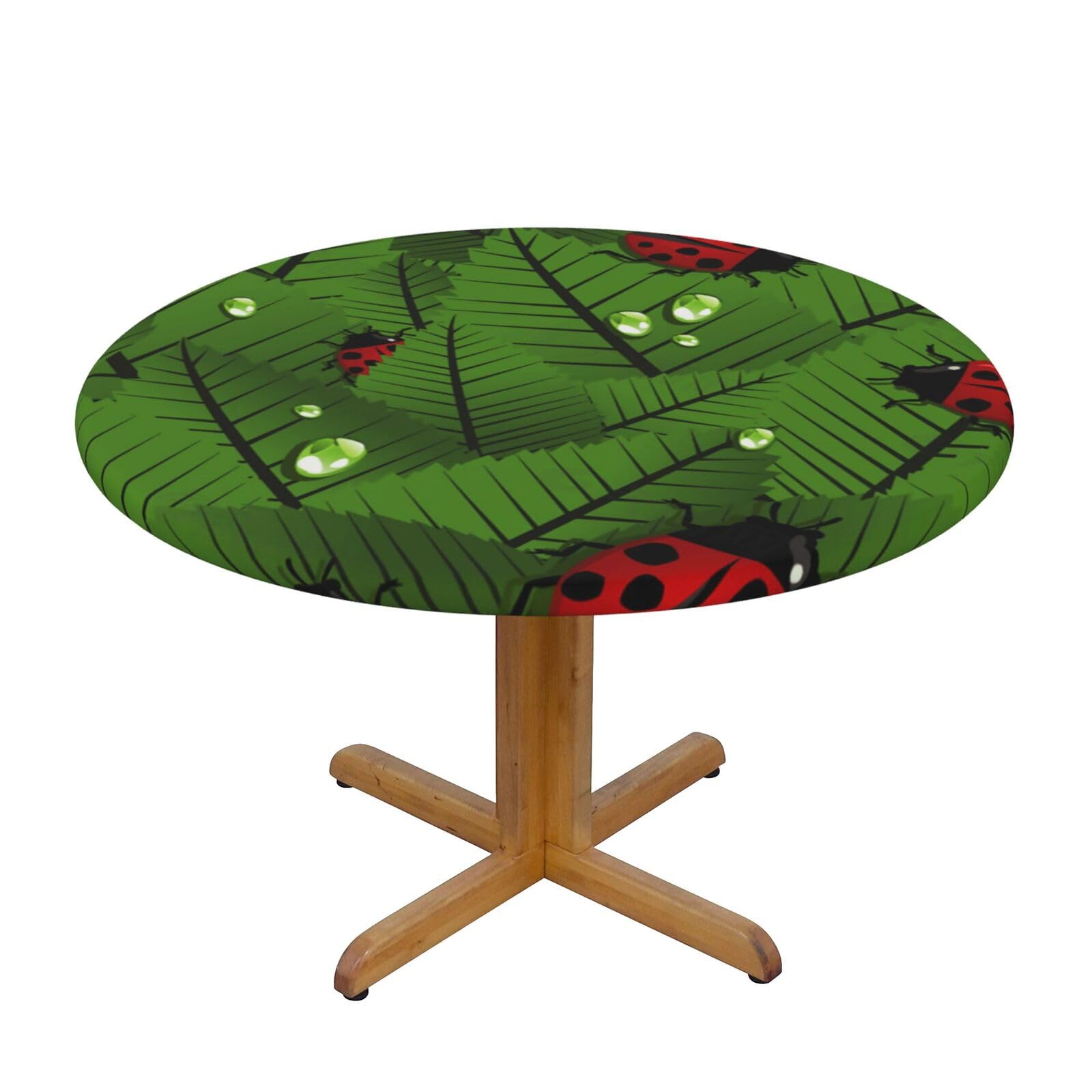 Ffshkowe Leaves And Ladybugs Elastic Round Tablecloth Oil Proof Table Cover For Dining Party Picnic