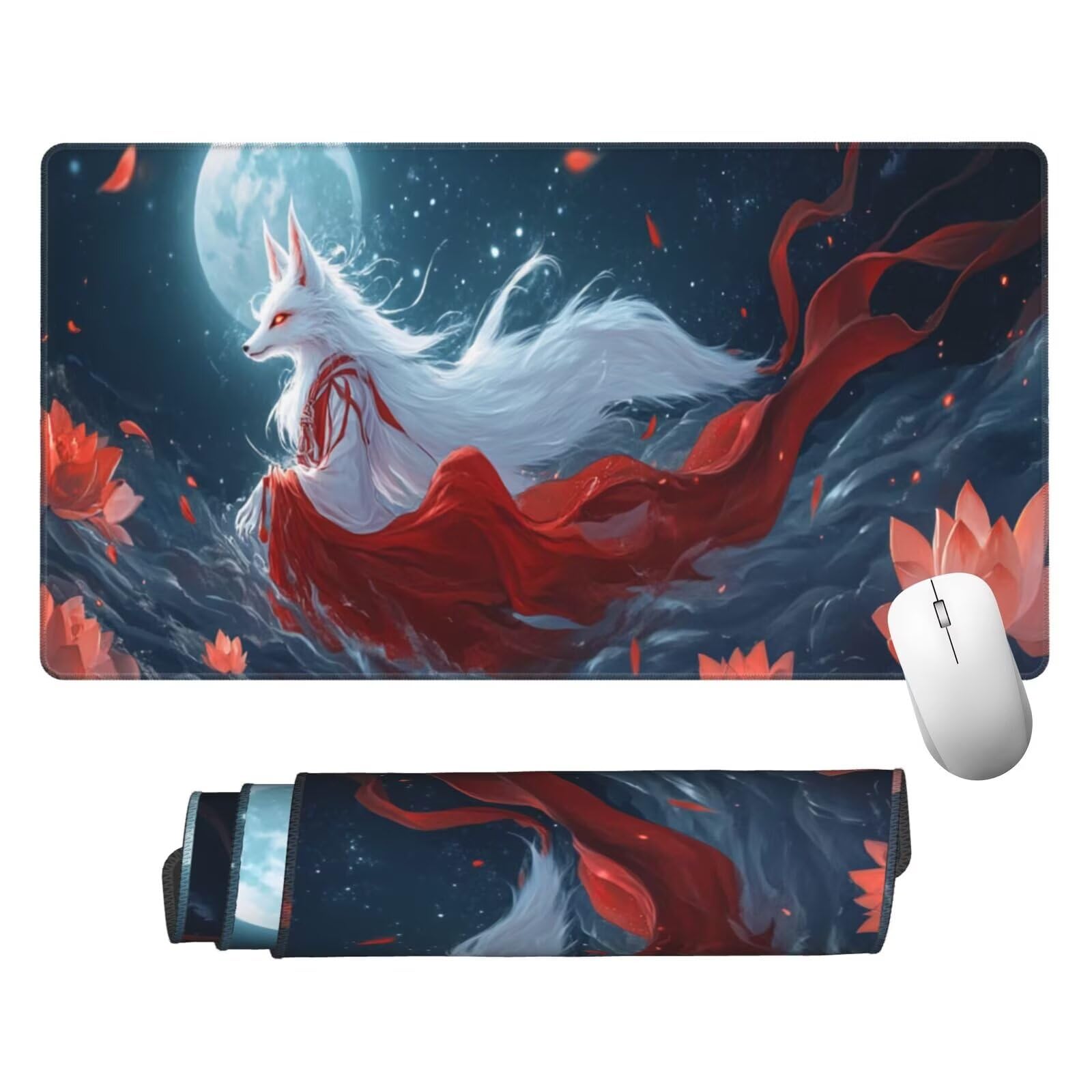 Podkładka pod mysz XXL lis mata na biurko księżyc 1600 x 800 x 3 mm zmywalna podkładka do gier na laptopa, z antypoślizgową gumową podkładką dla graczy, PC, pracowników biurowych Y927