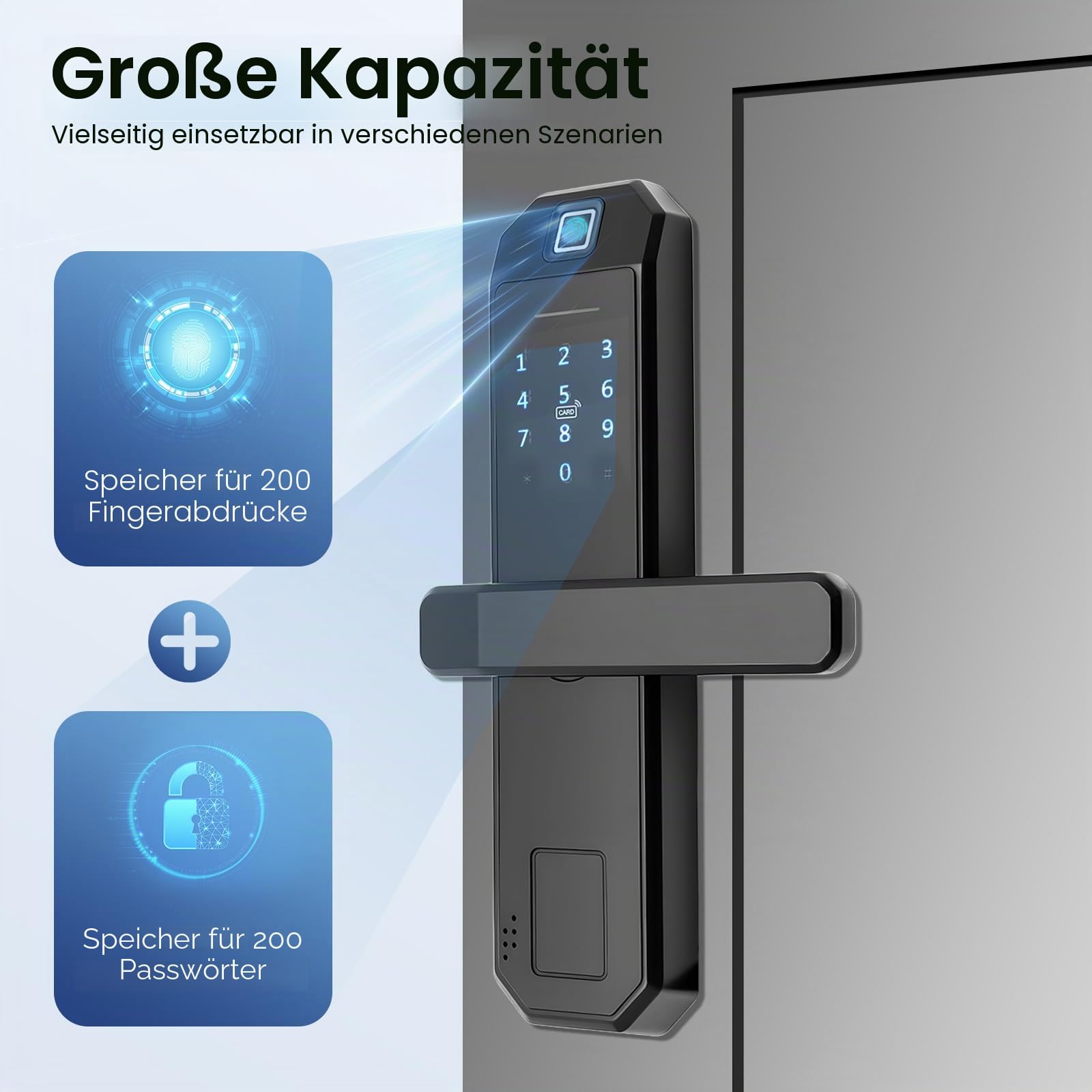 Smart Lock, Türschloss Fingerabdruck, Smart Türschloss mit 3 Entriegelungsmethoden, Zinklegierung Digitales Code-Türschloss für Holztüren, Innentüren und Aluminiumtüren